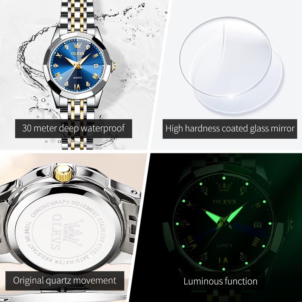 Thumbnail 5 de OLEVS Damen Uhr Quarzuhr Diamant Edelstahlarmband – Blaues Zifferblatt, 27 mm, 30 m wasserdicht