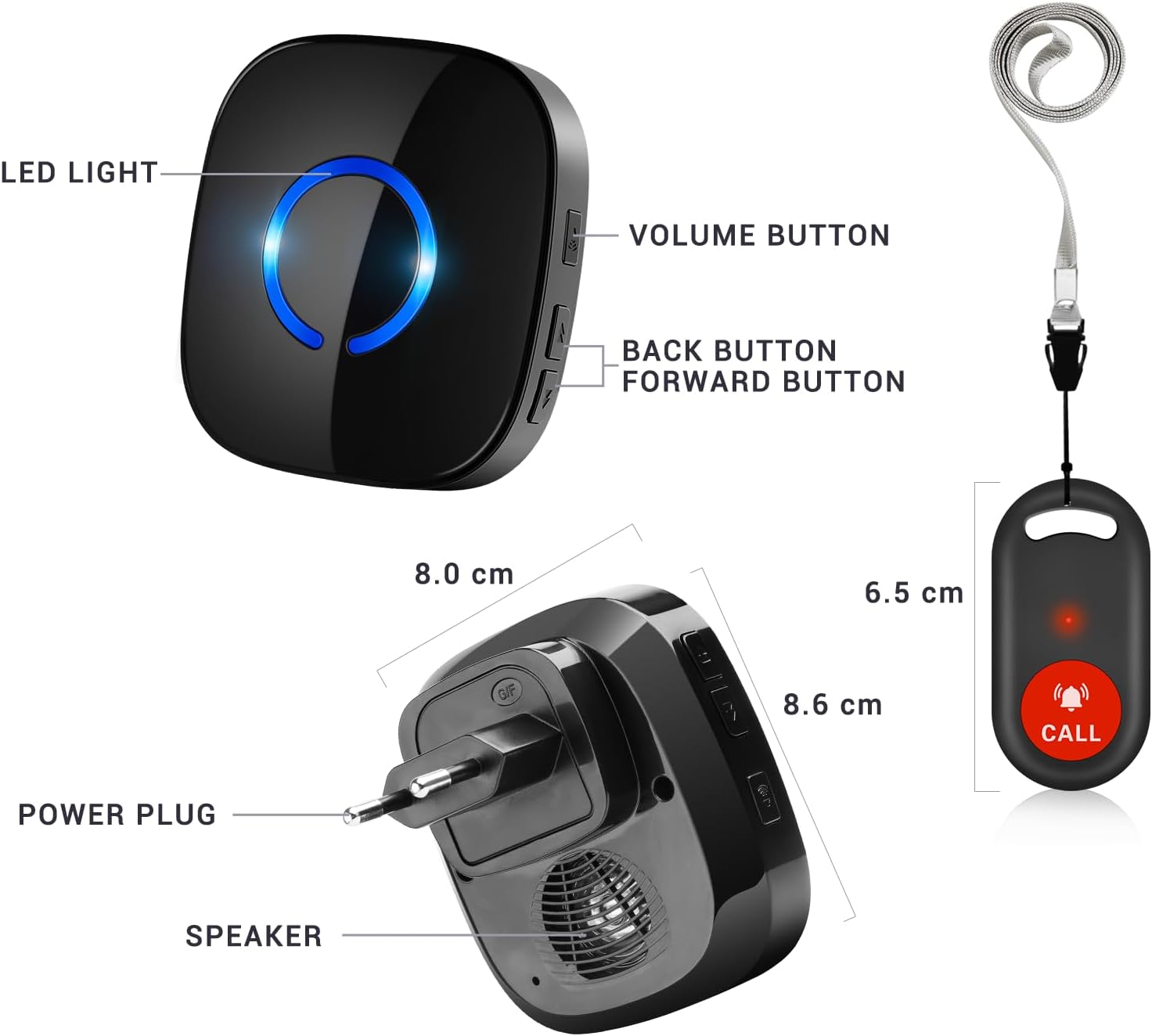 Thumbnail 1 de Wireless Pulsante Chiamata Emergenza per Anziani 500FT con 3 SOS, 2 Ricevitori e telecomando plug & play