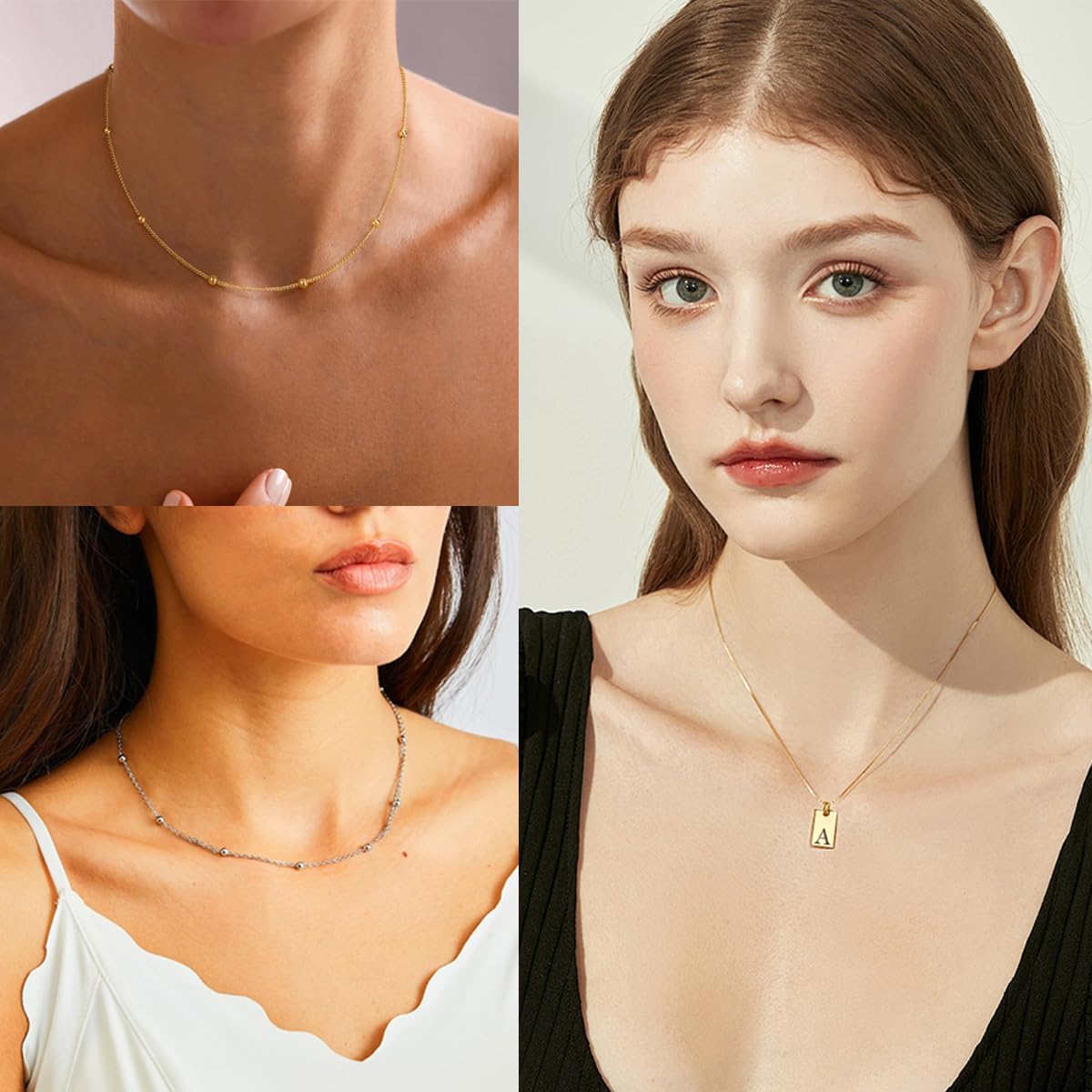 Detalle de RWQIAN Layered Initial Letter Necklace – Stainless Steel Silver or Gold A–Z Pendant for Women