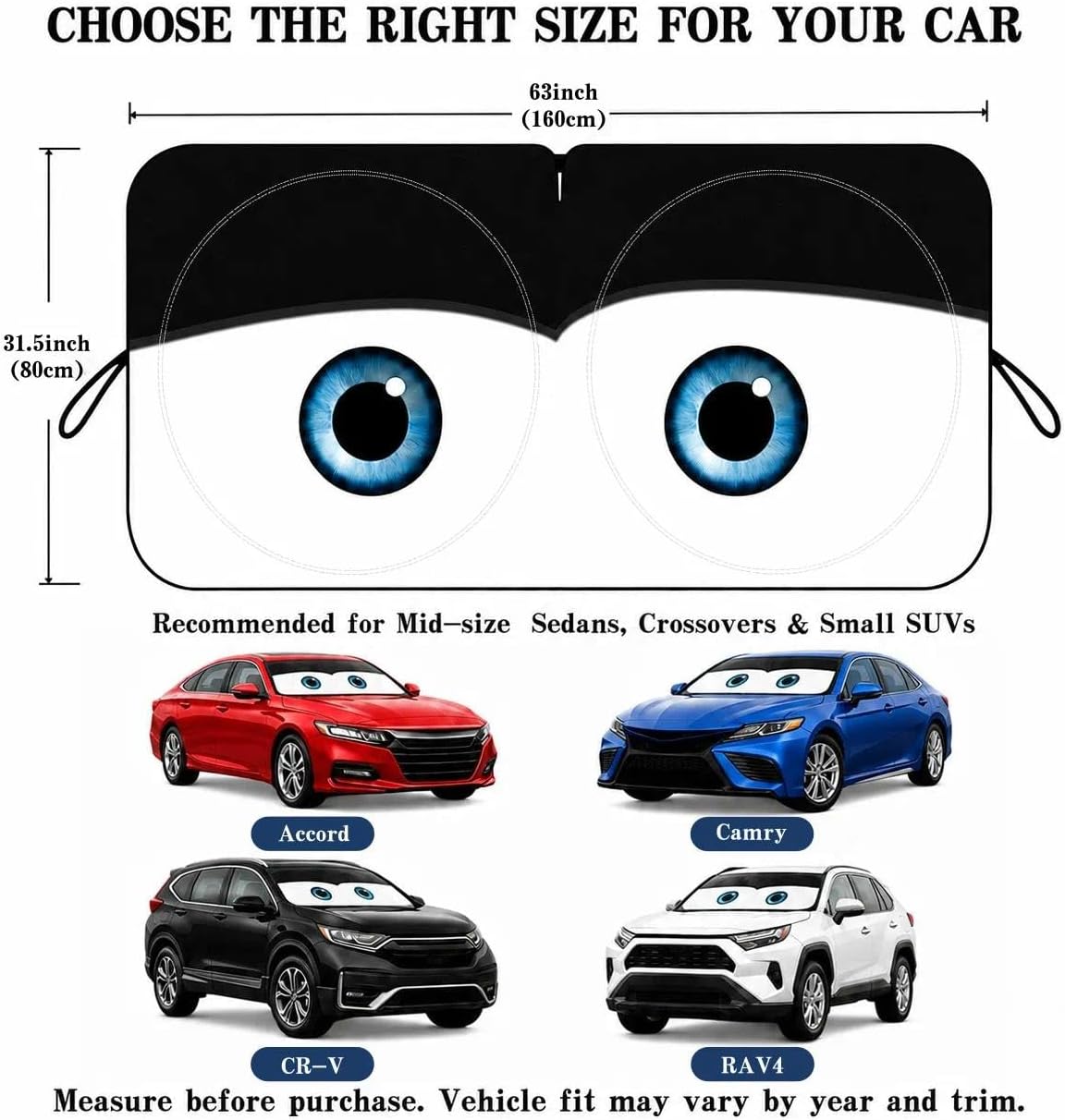 Thumbnail 4 de Car Windshield Sun Shade, Classic Black Eyes, 63 x 31.5" — Universal Mid-Sized Sedan & SUV