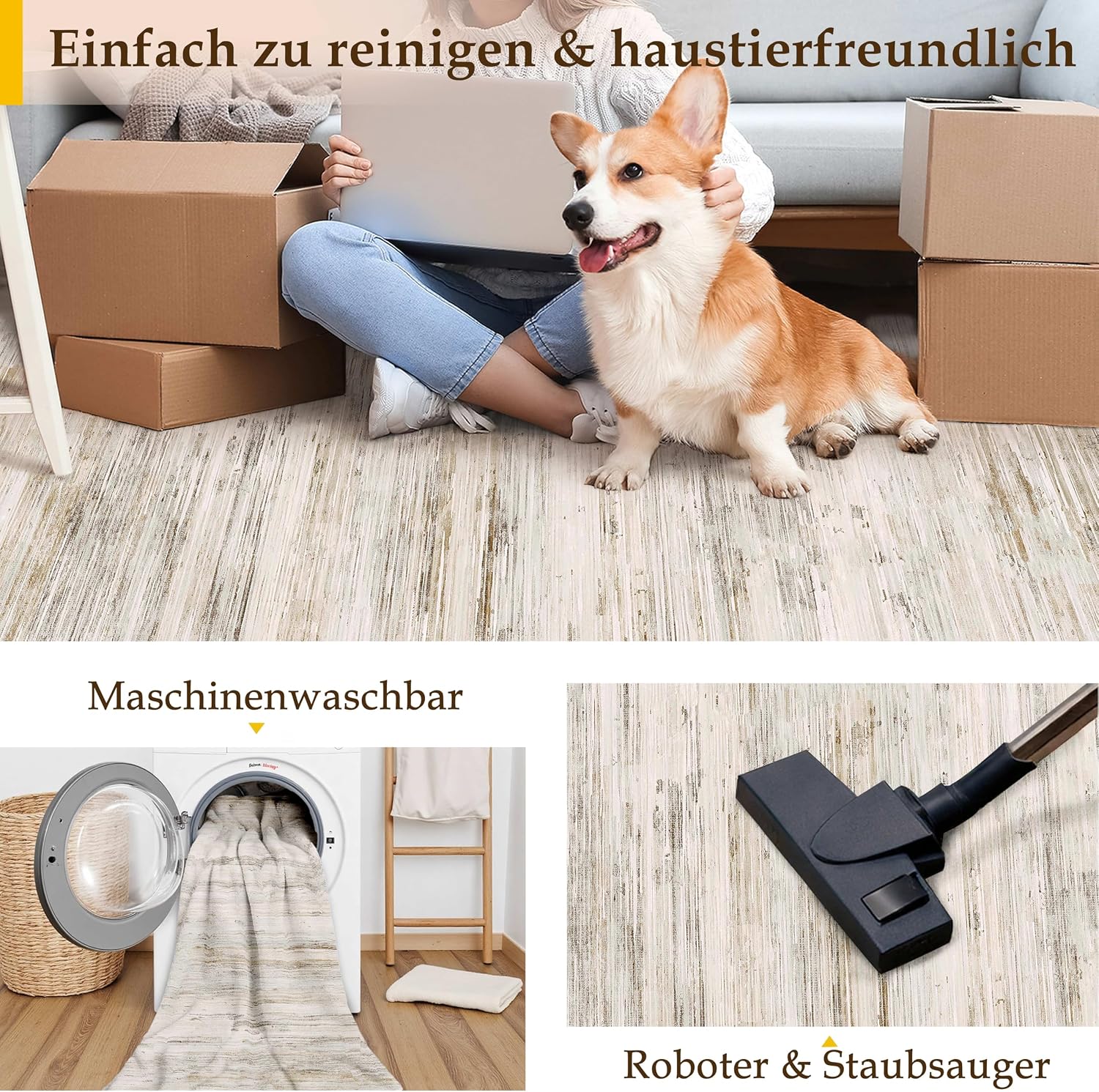 Detalle de PureCozy Beige Teppich 200x300 cm – abstrakt, waschbar, rutschfeste Kurzflor-Option für Wohnzimmer & mehr