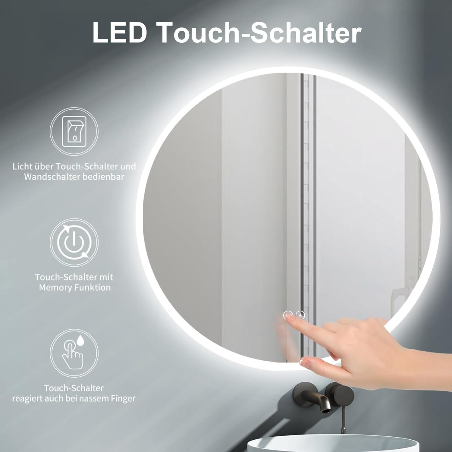 Thumbnail 1 de ApeJoy specchio da bagno rotondo LED 60 cm con illuminazione, anti-appannamento e touch