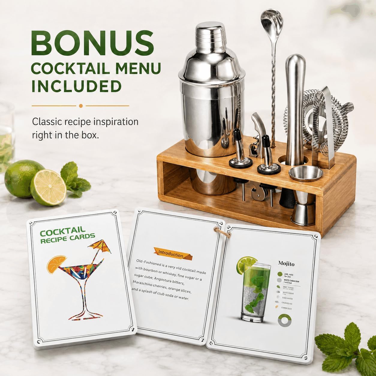 Detalle de Cocktail Shaker Set (18/8 Food-Grade Stainless Steel) 10-Piece Martini Shaker Kit with Bamboo Stand