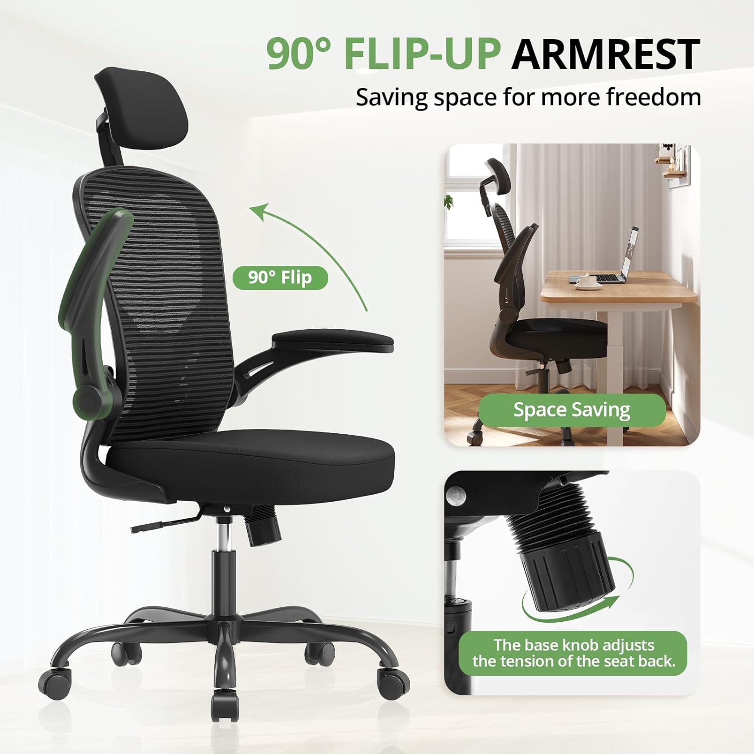 Thumbnail 3 de Office Chair Ergonomic Desk Chair (330LBS Capacity) High Back Computer Chair with Flip-up Armrests, Black