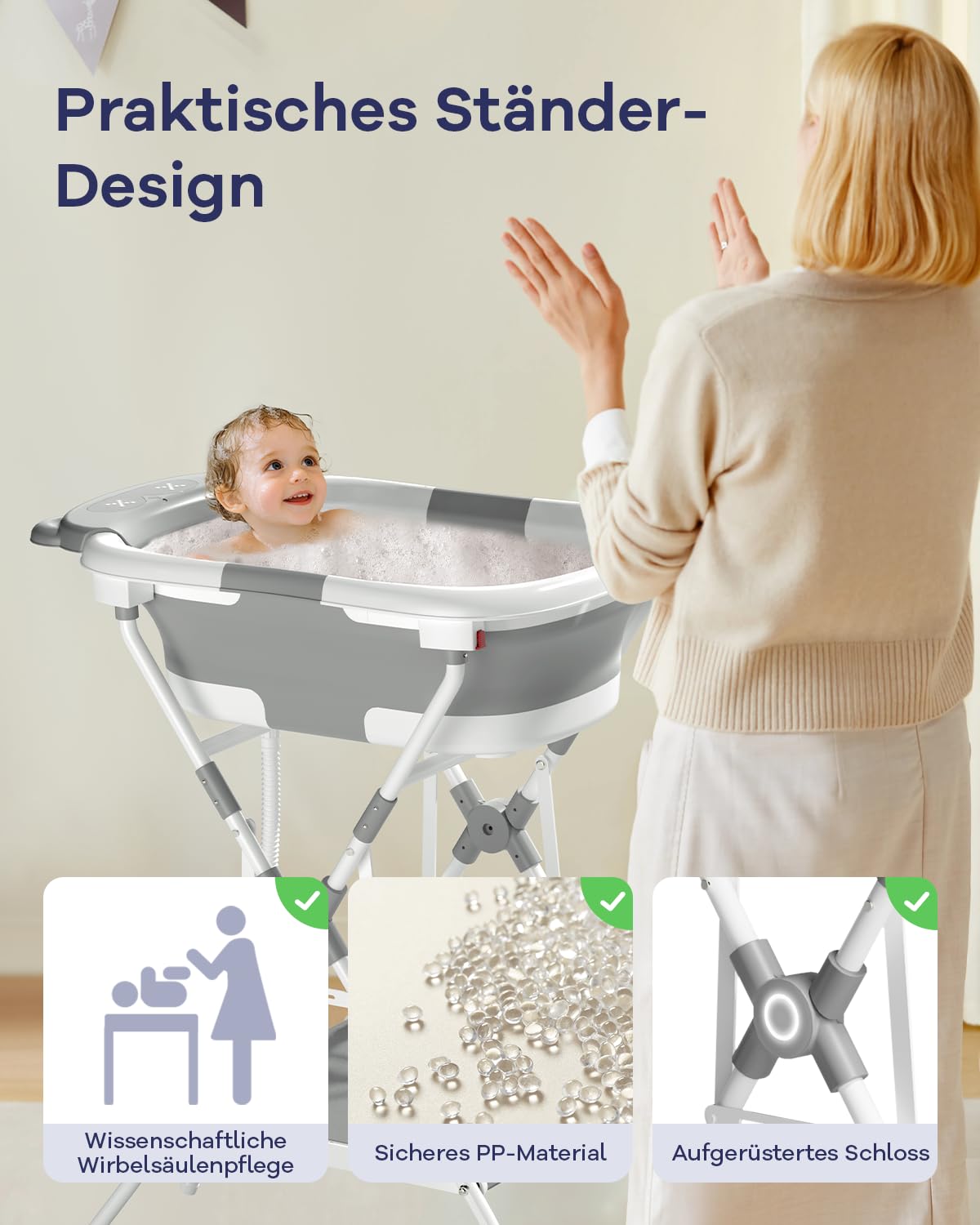 Thumbnail 2 de COOSEYA Baby-Badewanne mit Gestell für 0–18 Monate (faltbar, Drainage-Ventil, Bär-Design)