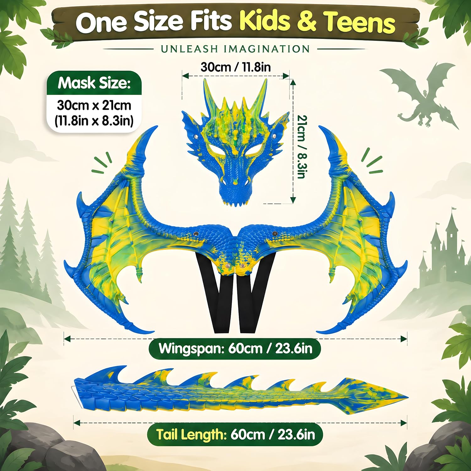 Detalle de CRTEPST Dragon Costume for Kids, Canary Blue Mask, Wings and Tail