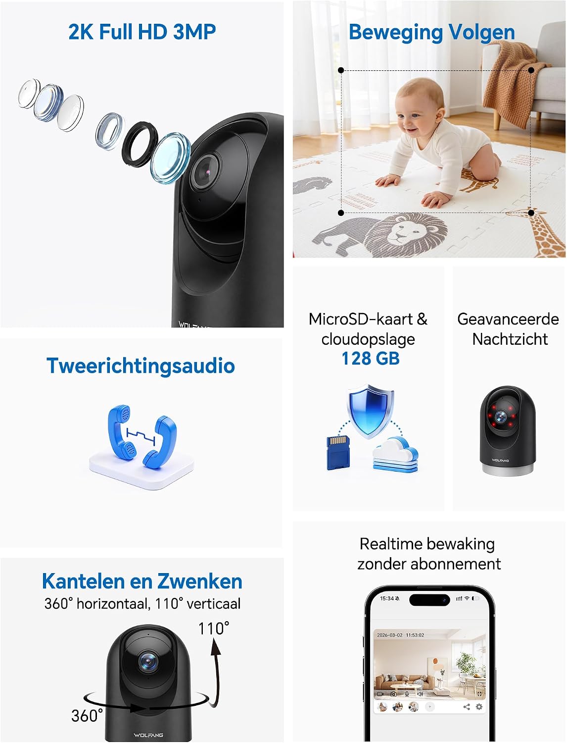 Detalle 2 de WOLFANG WS03B-1 binnencamera met 2K, 360° PTZ en automatische tracking