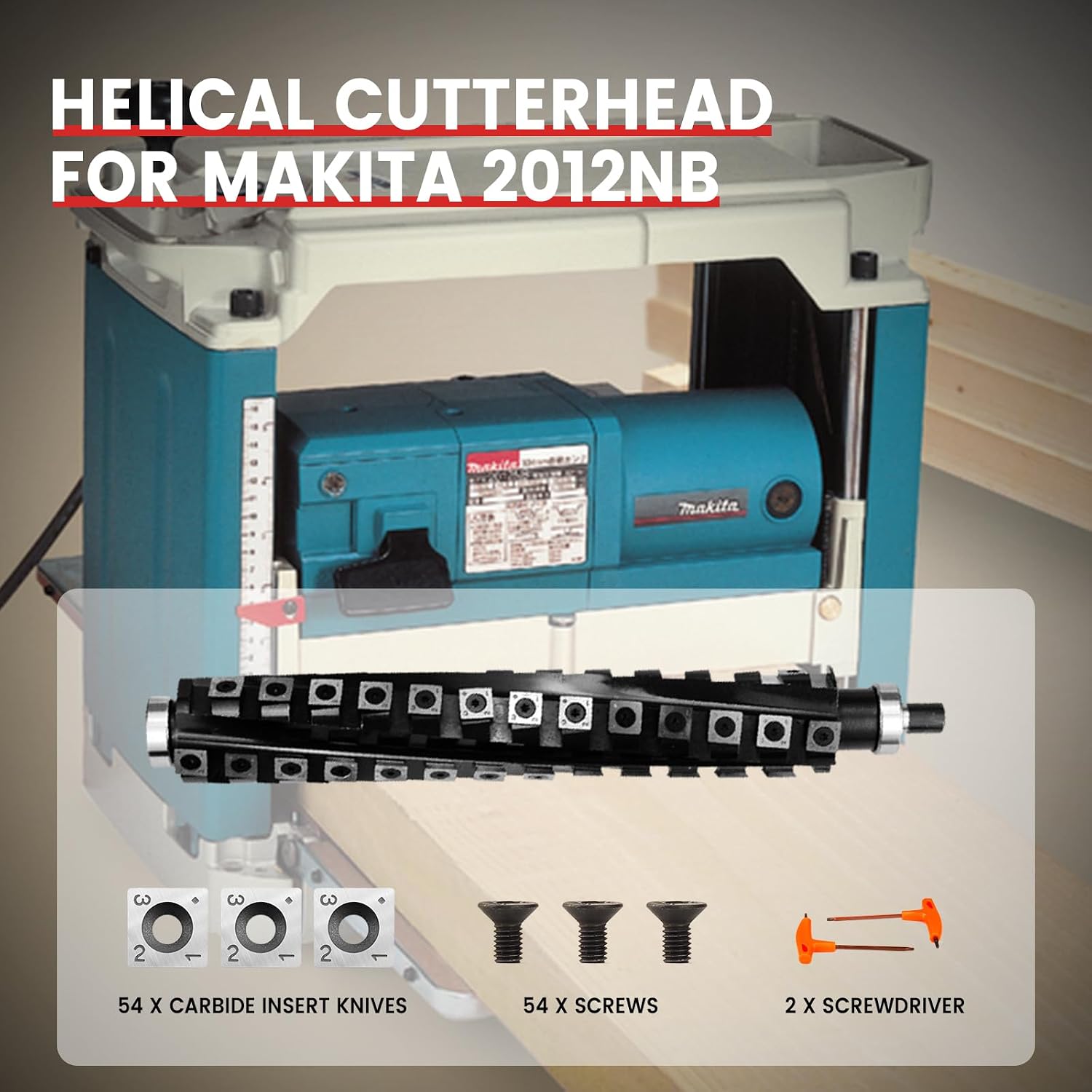 Thumbnail 6 de FindBuyTool Helical Cutterhead for Makita 2012NB Thickness Planer (12-Inch, 4-Row Spiral with 54 Carbide Inserts)