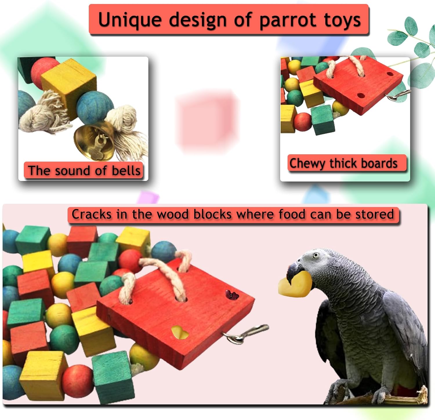 Detalle de MQUPIN Hanging Wooden Block Chewing Parrot Toy – Multicoloured Cage Bite for Parakeet, Budgie, Cockatiel, African Grey