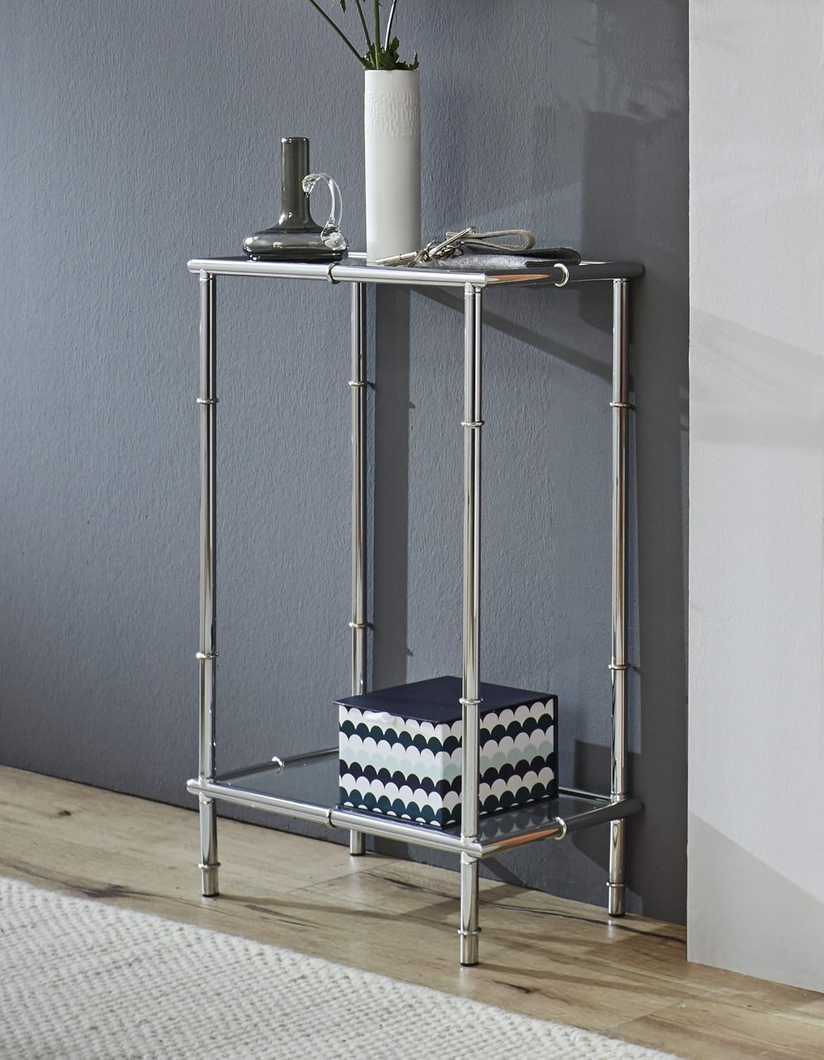 Detalle 2 de Hakú Consolle cromata in metallo con vetro di sicurezza – 50 x 75 x 25 cm, stile moderno