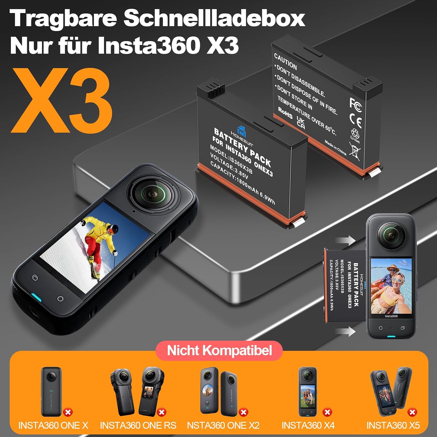 Thumbnail 1 de Homesuit Insta 360 X3 Akku 1800mAh – Zweier-Pack mit USB-Ladegerät