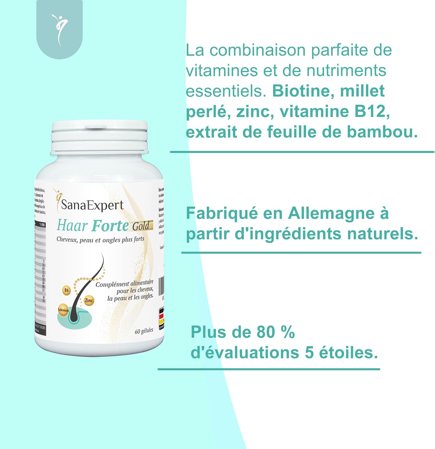 Detalle 2 de SanaExpert Haar Forte Gold – Complément capillaire vegan en gélules (60 capsules) pour renforcer les cheveux