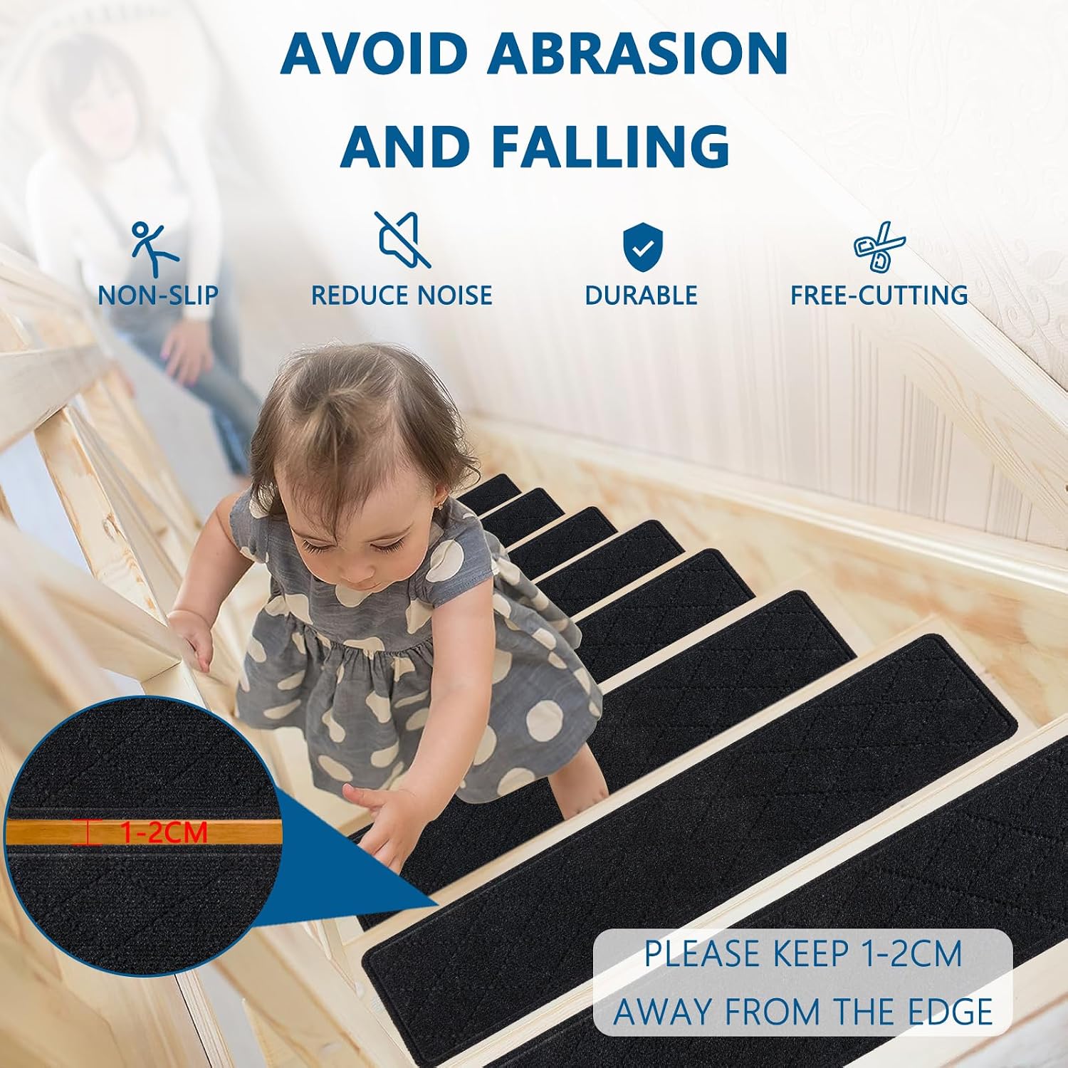 Thumbnail 3 de KOOTETA Indoor Stair Treads (15-Pack) for Wooden Steps, 8" x 30" Non-Slip Carpet Rugs with Reusable Adhesive, Black
