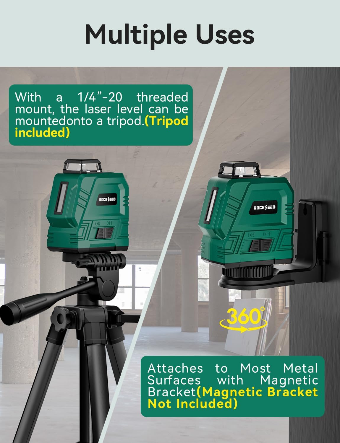 Thumbnail 6 de RockSeed green laser level with adjustable 1.2m tripod (1×360° horizontal, 1×150° vertical)