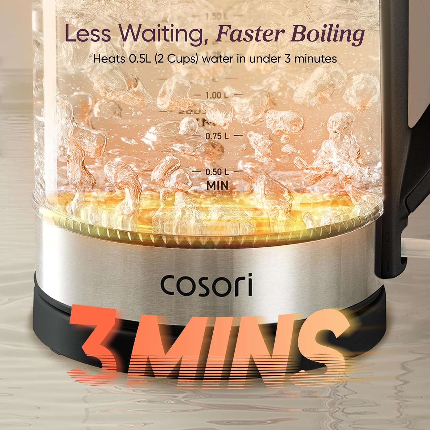 Detalle de Cosori CGK-G173-KCA Glass Electric Kettle, 1.7 L, 1500 W