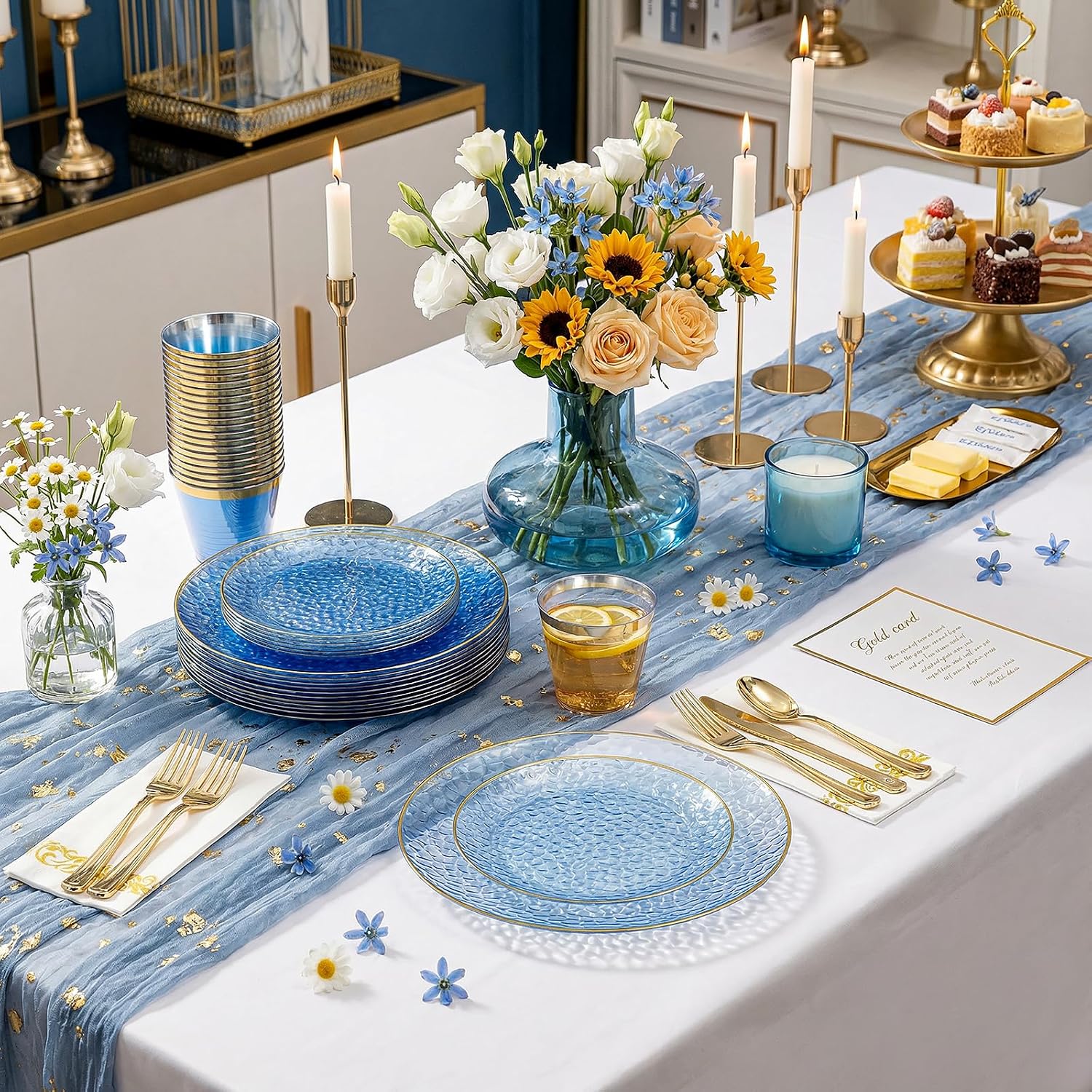 Thumbnail 3 de Rubtlamp 350 Pcs Blue Gold Hammered Plastic Dinnerware Set for 50 Guests