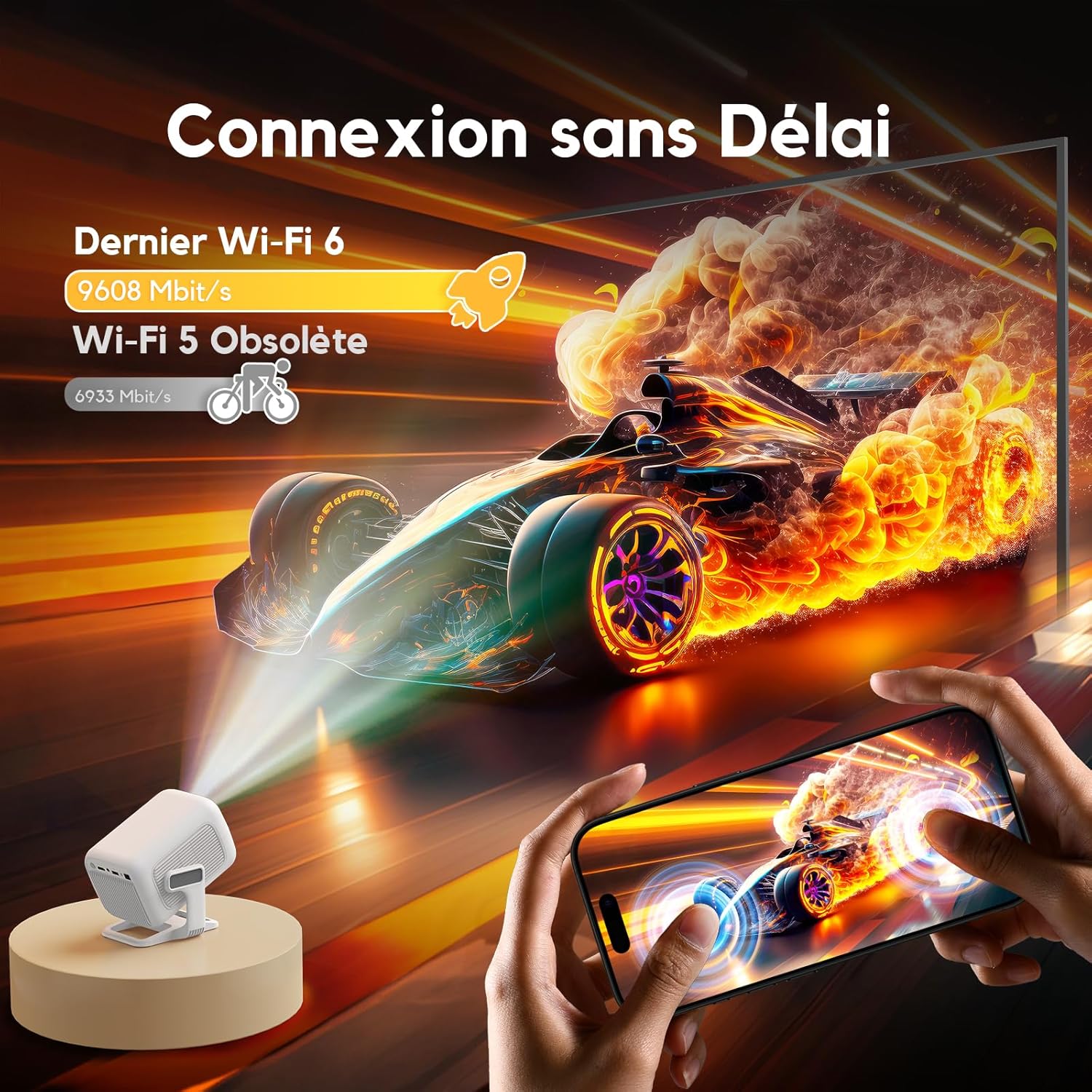 Detalle de AKIYO O4 – Rétroprojecteur portable 1080p Full HD avec support 4K, Wi‑Fi 6 et Bluetooth 5.4