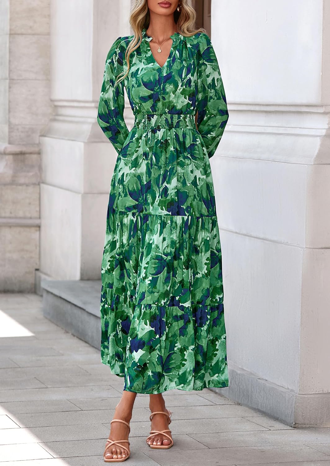 Thumbnail 6 de PRETTYGARDEN Women's Floral Maxi Dress: 2026 Fall Long Sleeve V-Neck Boho A-Line Maxi