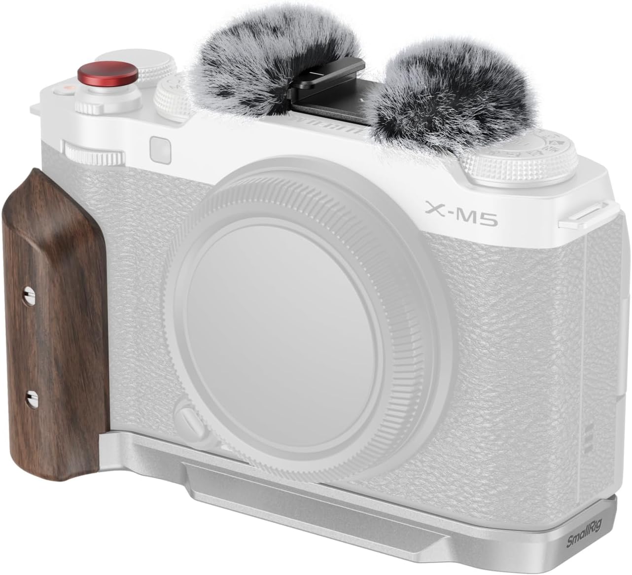 Detalle de Poignée bois L pour FUJIFILM X-M5 avec plaque Arca et pare-brise griffes