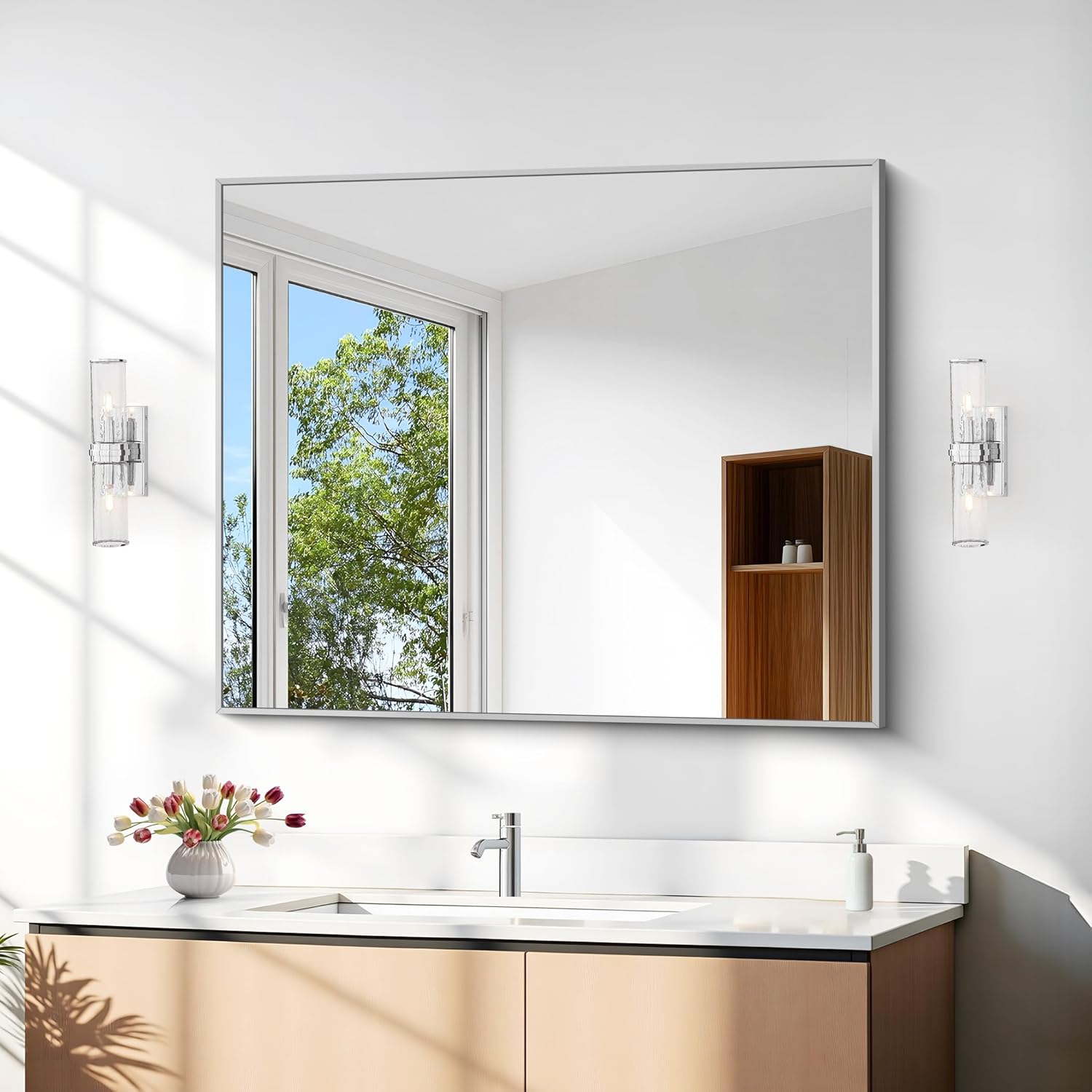 Thumbnail 3 de DESBING 30" x 30" Bathroom Mirror (Silver Metal Frame, Tempered Glass) — Wall-Mount Rectangle Corner Mirror