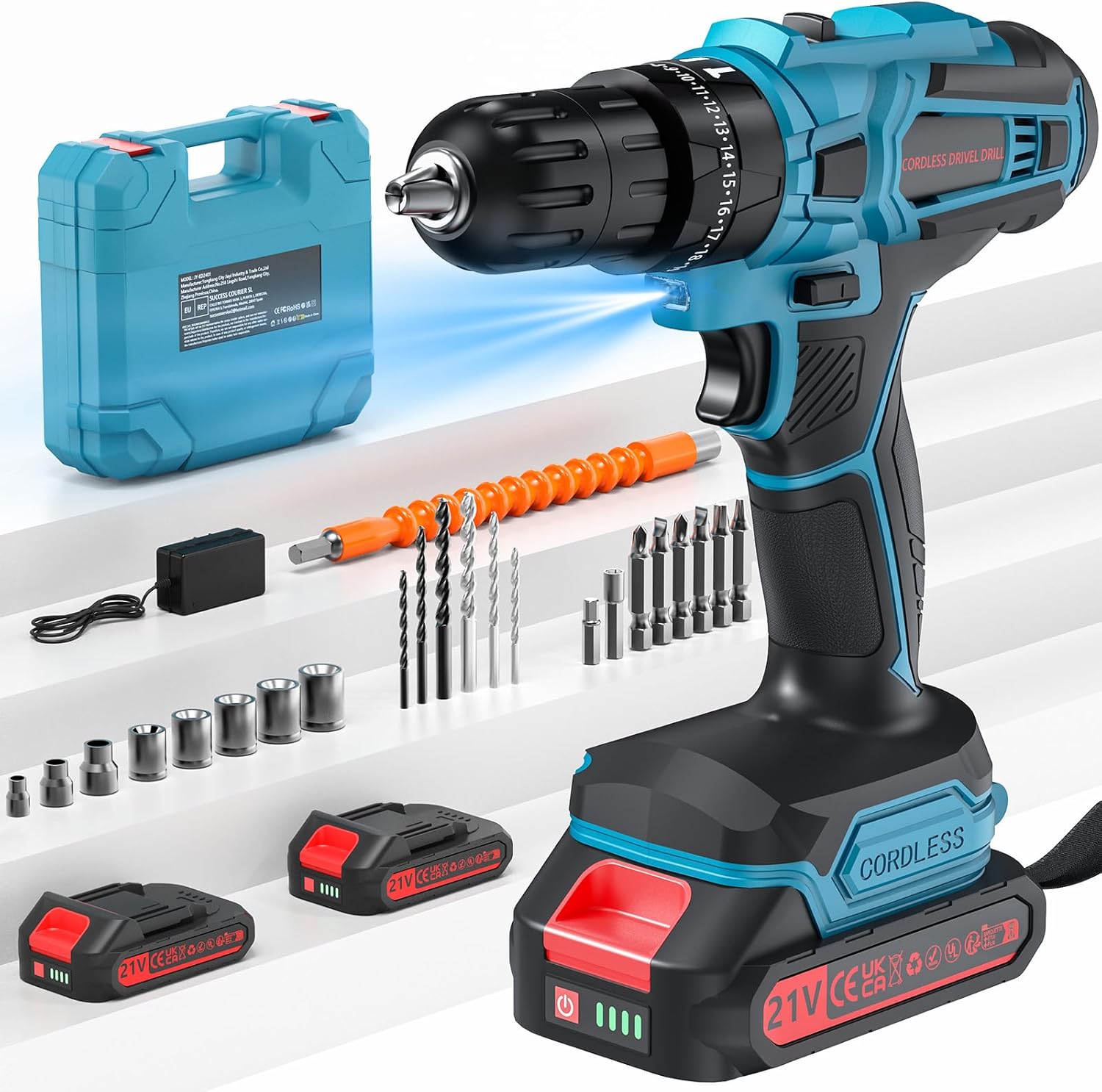 ENRIPRT Trapano Avvitatore a Batteria 21V: 45Nm, 2 Batterie 2.0Ah, 25+3 Coppie, 2 Velocità