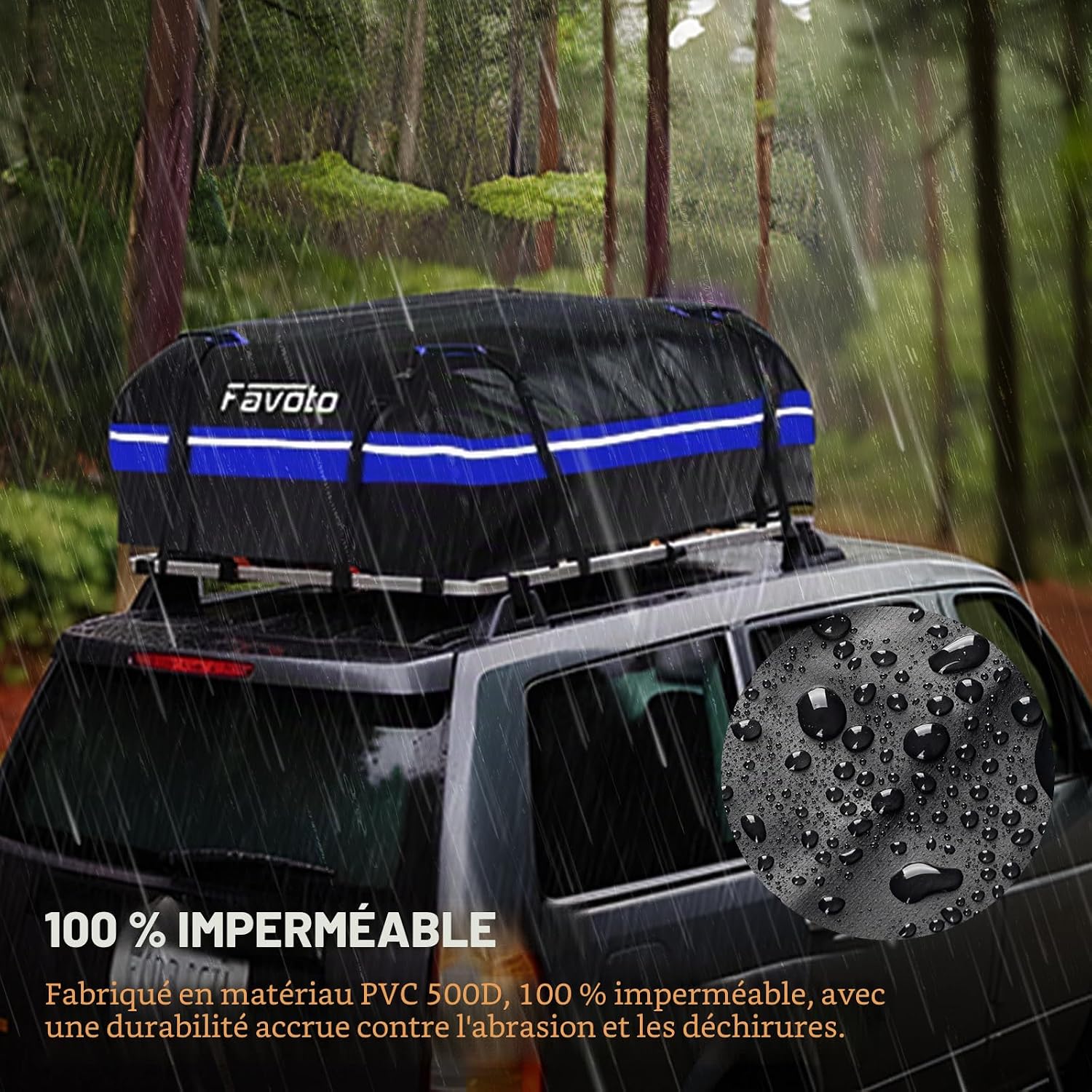 Detalle 2 de Favoto Coffre de Toit Imperméable 425L – Sac de Toit pliable pour véhicule avec tapis antidérapant