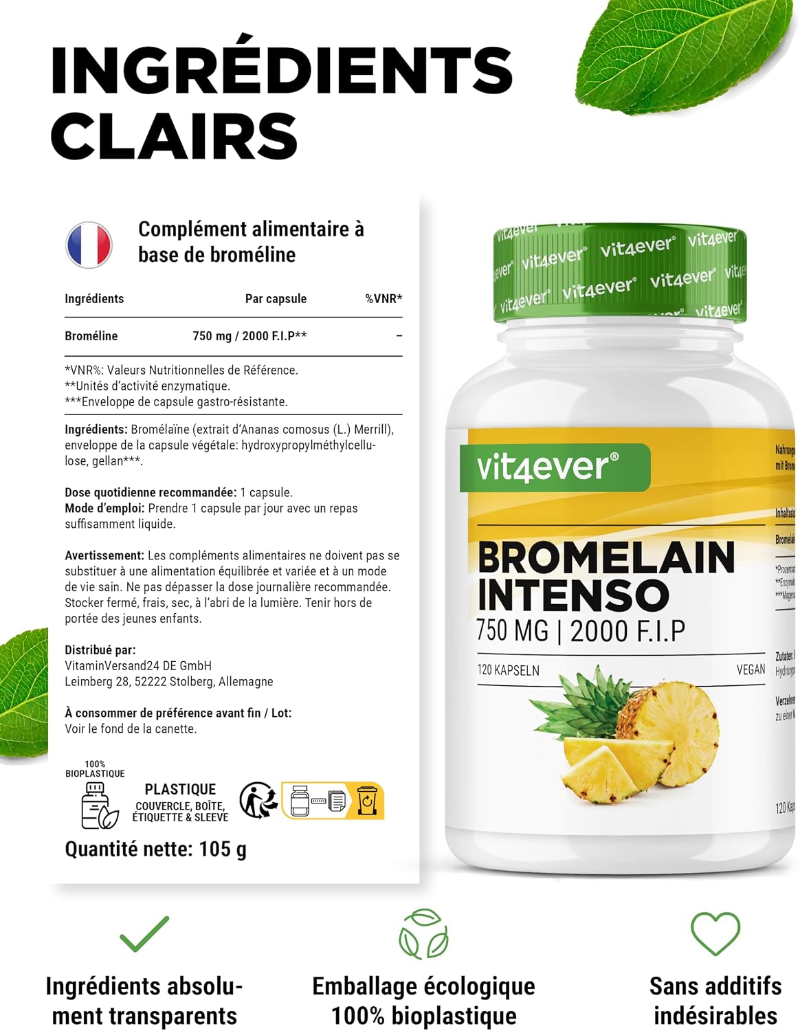 Detalle de Bromélaïne Intenso 750 mg (2000 F.I.P) – 120 gélules gastro-résistantes, extrait naturel d’ananas