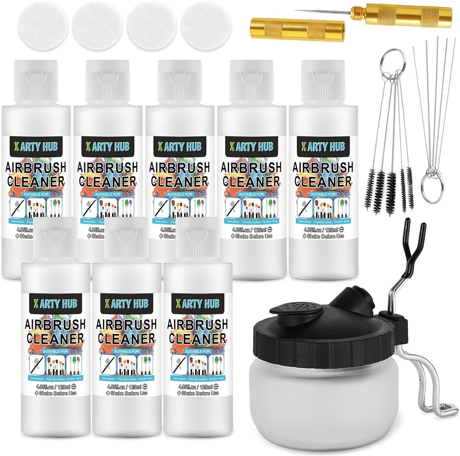 Thumbnail 6 de X ARTY HUB Kit de nettoyage d’aérographe – 4 flacons de 120 ml + pot avec support, brosses et filtres