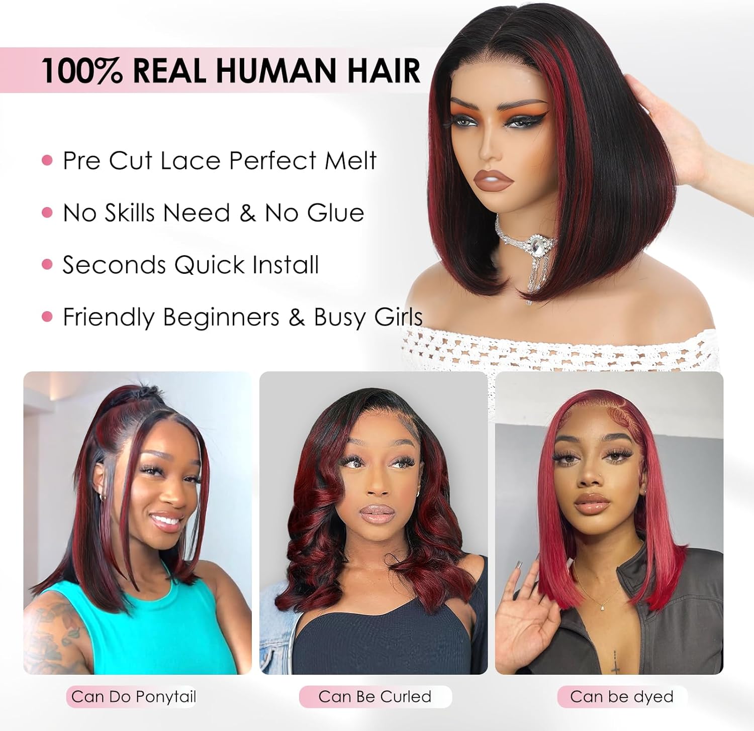 Detalle de Perruque Femme Naturelle Highlight 1B/99J Pre Cut Lace Glueless Wig