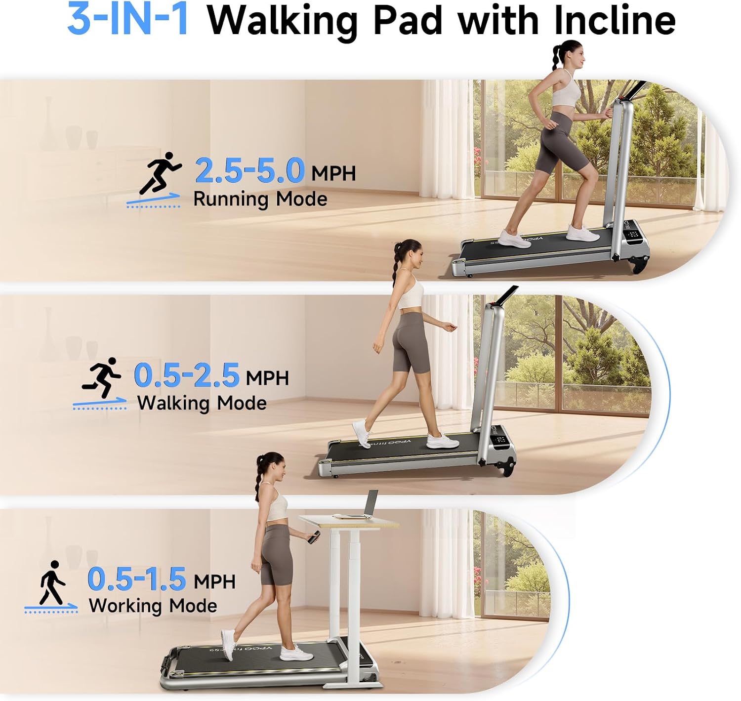 Detalle de YPOO M4538J Foldable Walking Pad Treadmill with Handlebar and 3-Level Incline