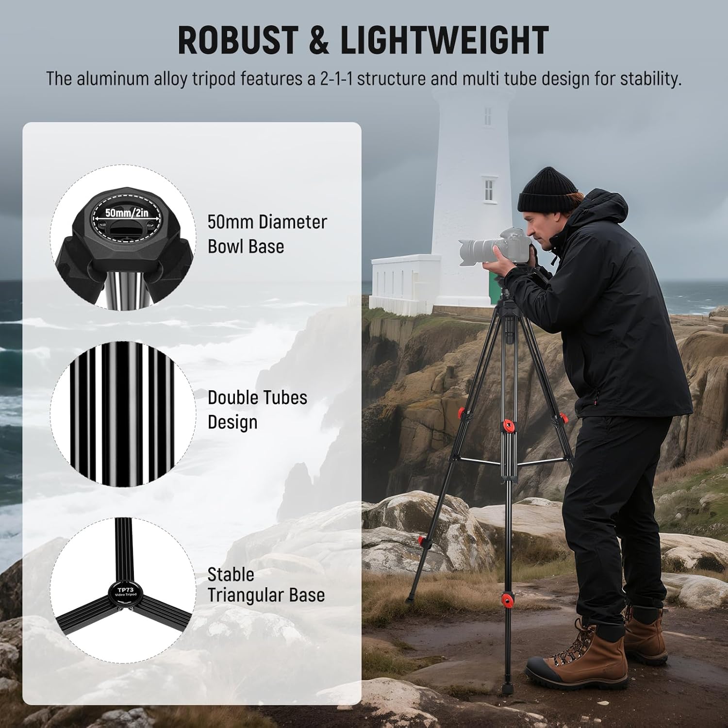 Detalle de NEEWER Video Tripod with Fluid Head, TP73: Heavy-Duty aluminium yet portable for DSLR, Camcorder and DJI gimbals