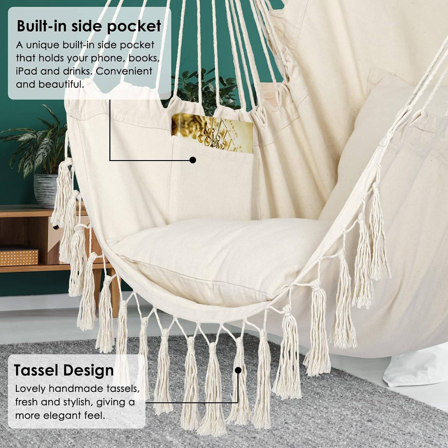 Thumbnail 2 de Y- STOP YS0003 Hammock Chair Swing with Two Cushions, Pocket, 500 lb Capacity