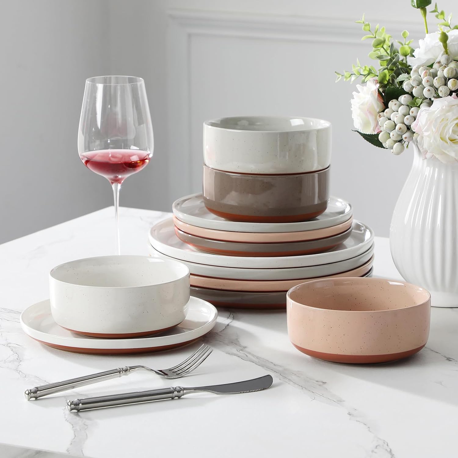 Thumbnail 6 de MALACASA Tara 12-Piece Stoneware Dinnerware Set for 4: Modern Sesame Speckle Finish