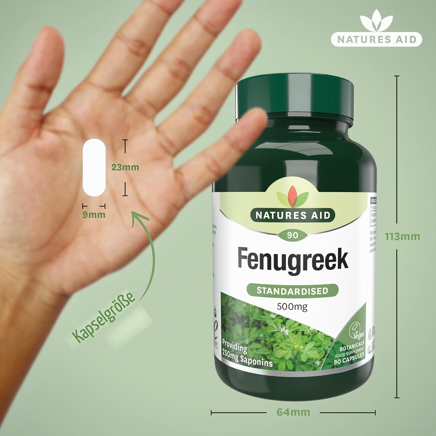 Detalle de Natures Aid Fenugreek 500 mg – 90 vegane Kapseln