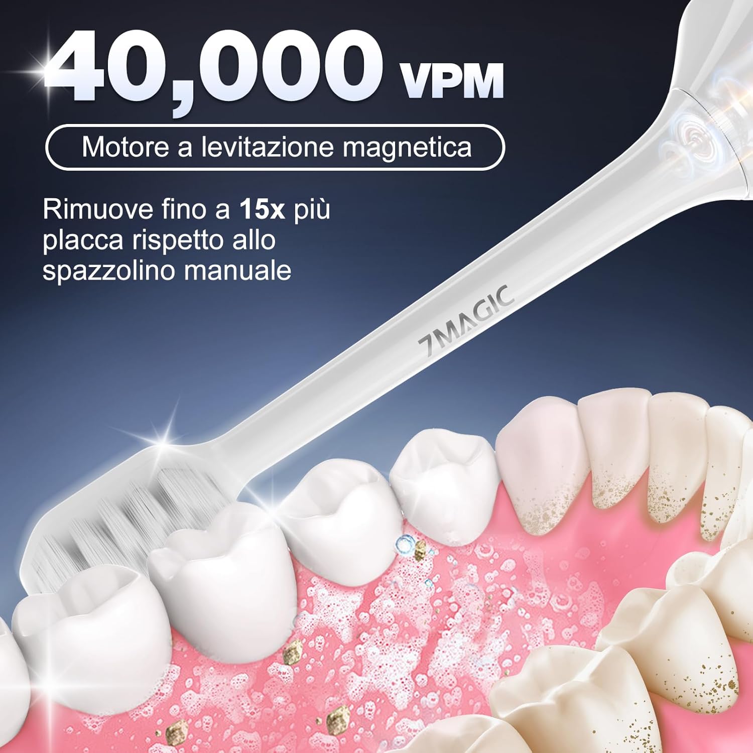 Detalle 2 de Spazzolino elettrico sonico 7MAGIC con 3 intensità, 5 modalità e timer da 2 minuti (IPX7) – autonomia 180 giorni