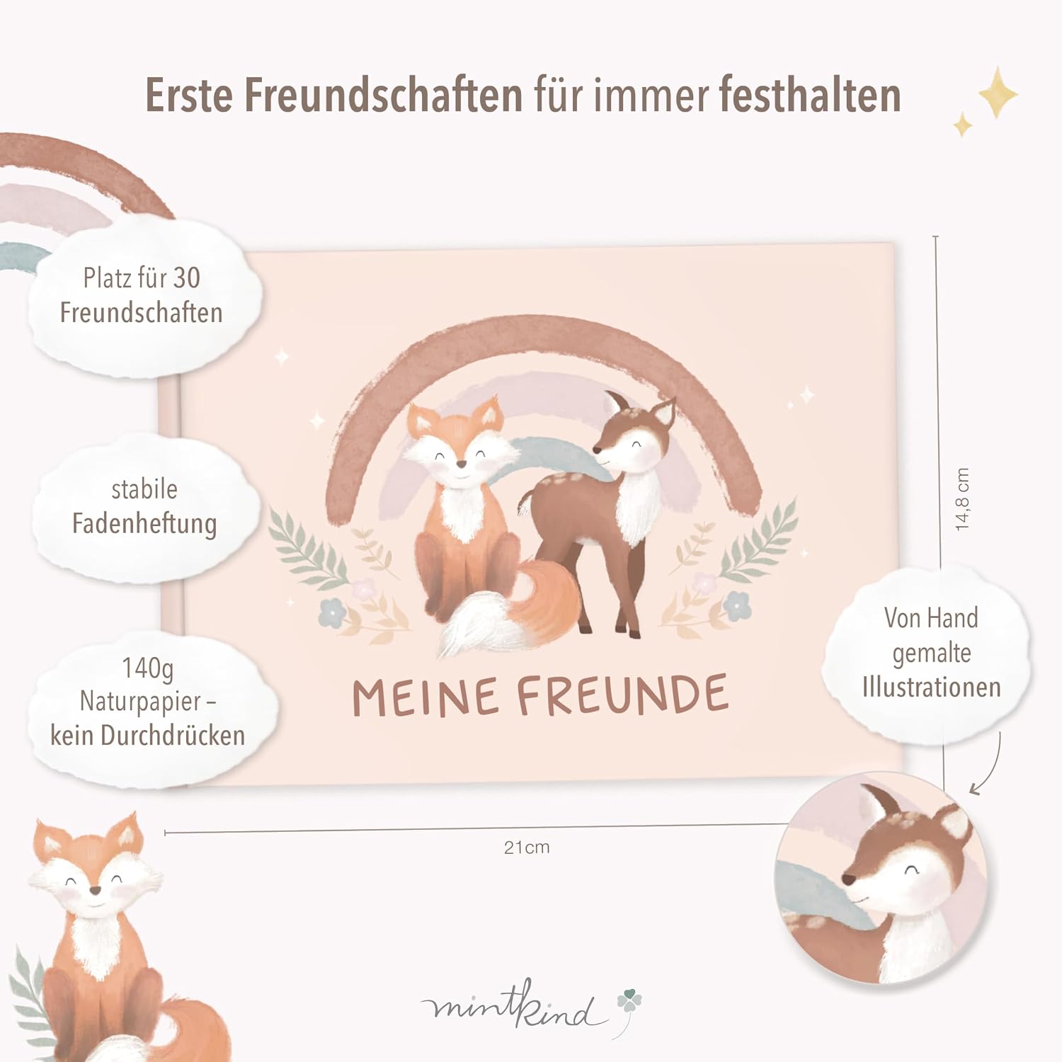 Detalle de Freundebuch Grundschule mintkind – Boho Fuchs, Hardcover (DIN A5, 80 Seiten)