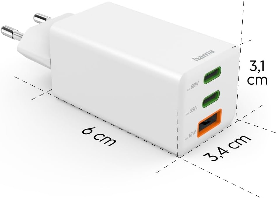 Thumbnail 2 de Hama chargeur rapide 65W GaN (PD + QC 3.0) à 3 ports pour iPhone, Samsung et MacBook – Blanc
