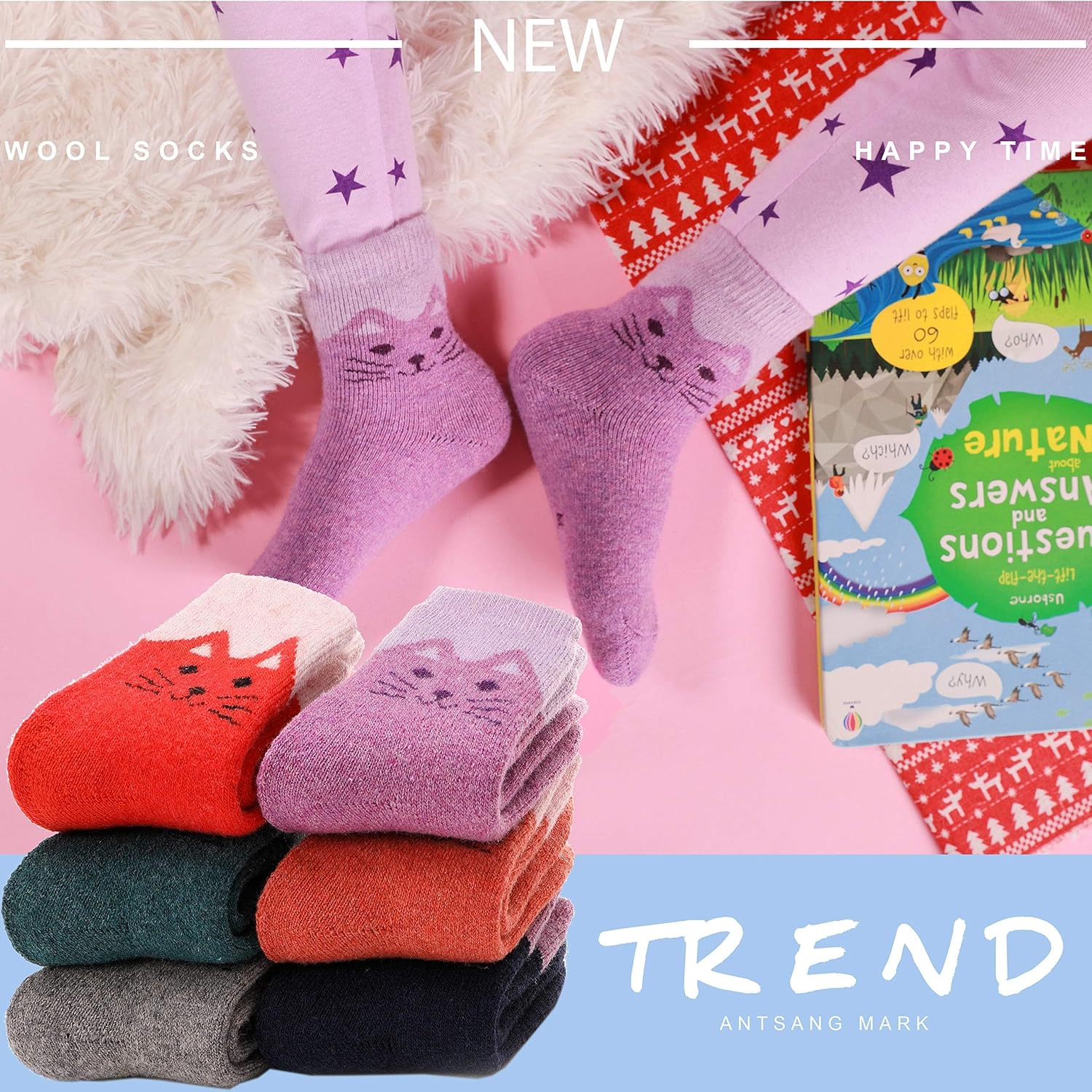 Thumbnail 4 de ANTSANG Kids Merino Wool Hiking Socks, 6-Pair Cushioned Crew Boot Socks