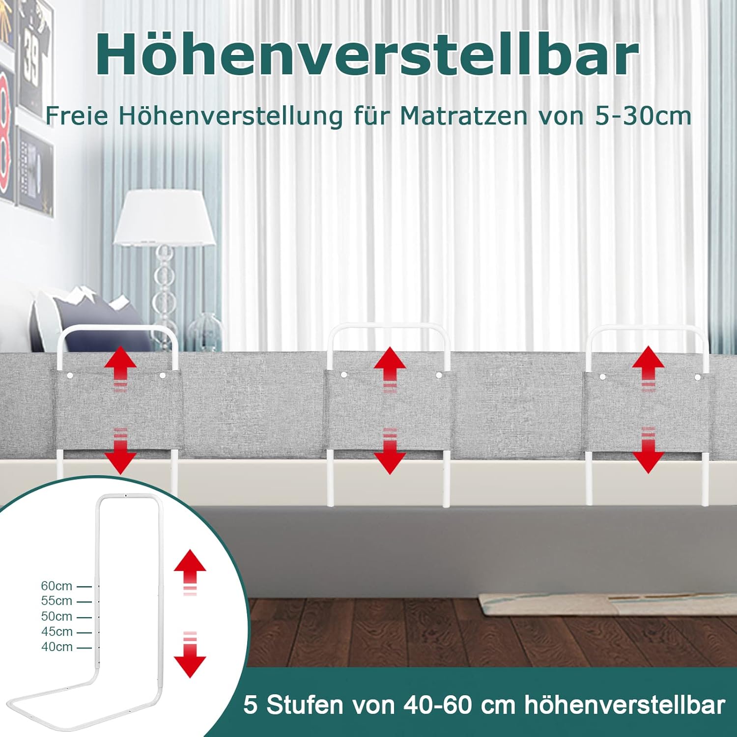 Thumbnail 2 de UISEBRT Bettgitter / Bettschutzgitter 200 cm – Rausfallschutz für Kinderbett, 5-fach höhenverstellbar, verformbar (Grau)