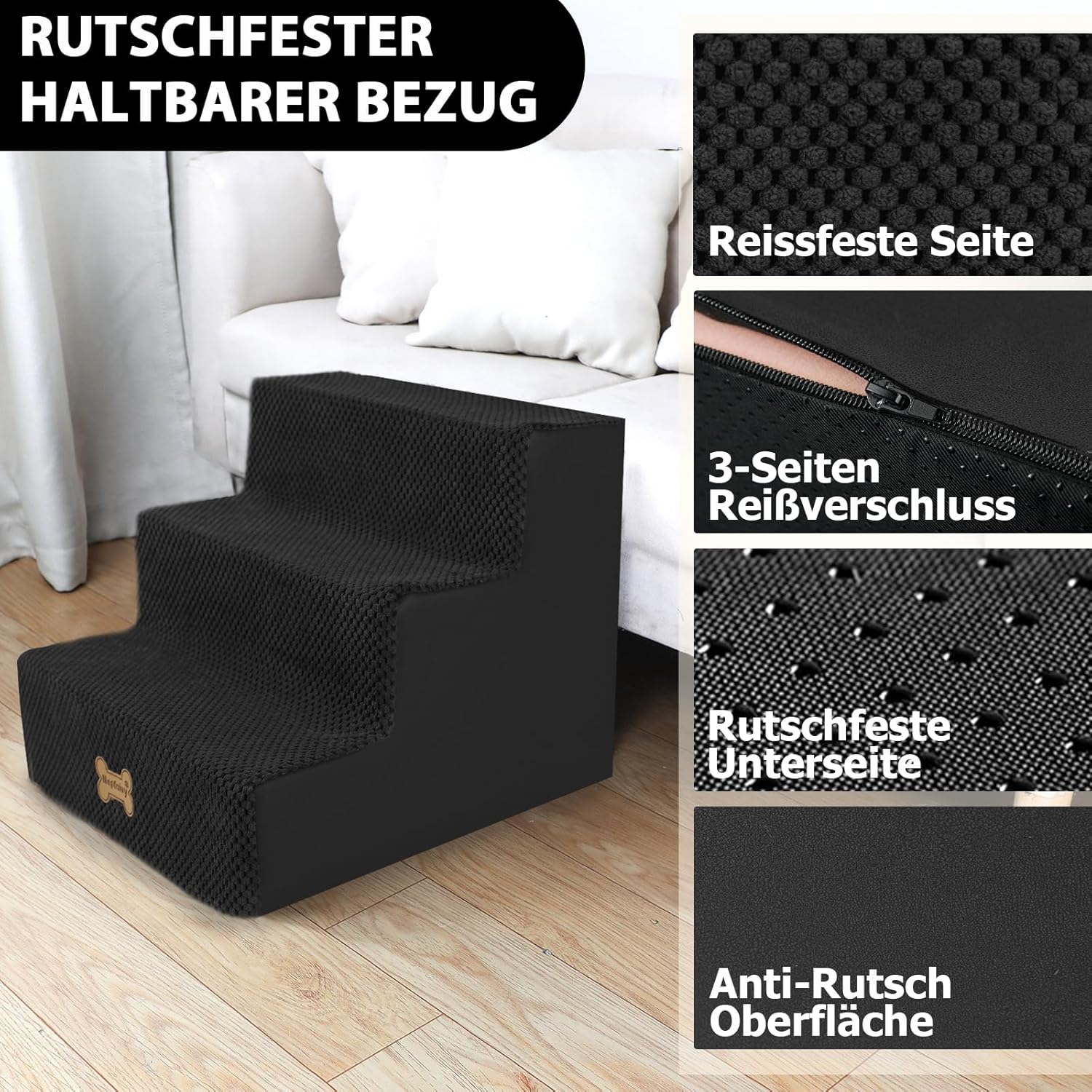 Thumbnail 2 de Nepfaivy Hundetreppe 3-stufig für kleine Hunde (45x40x34 cm) mit abnehmbarem, waschbarem Bezug und rutschfester Basis