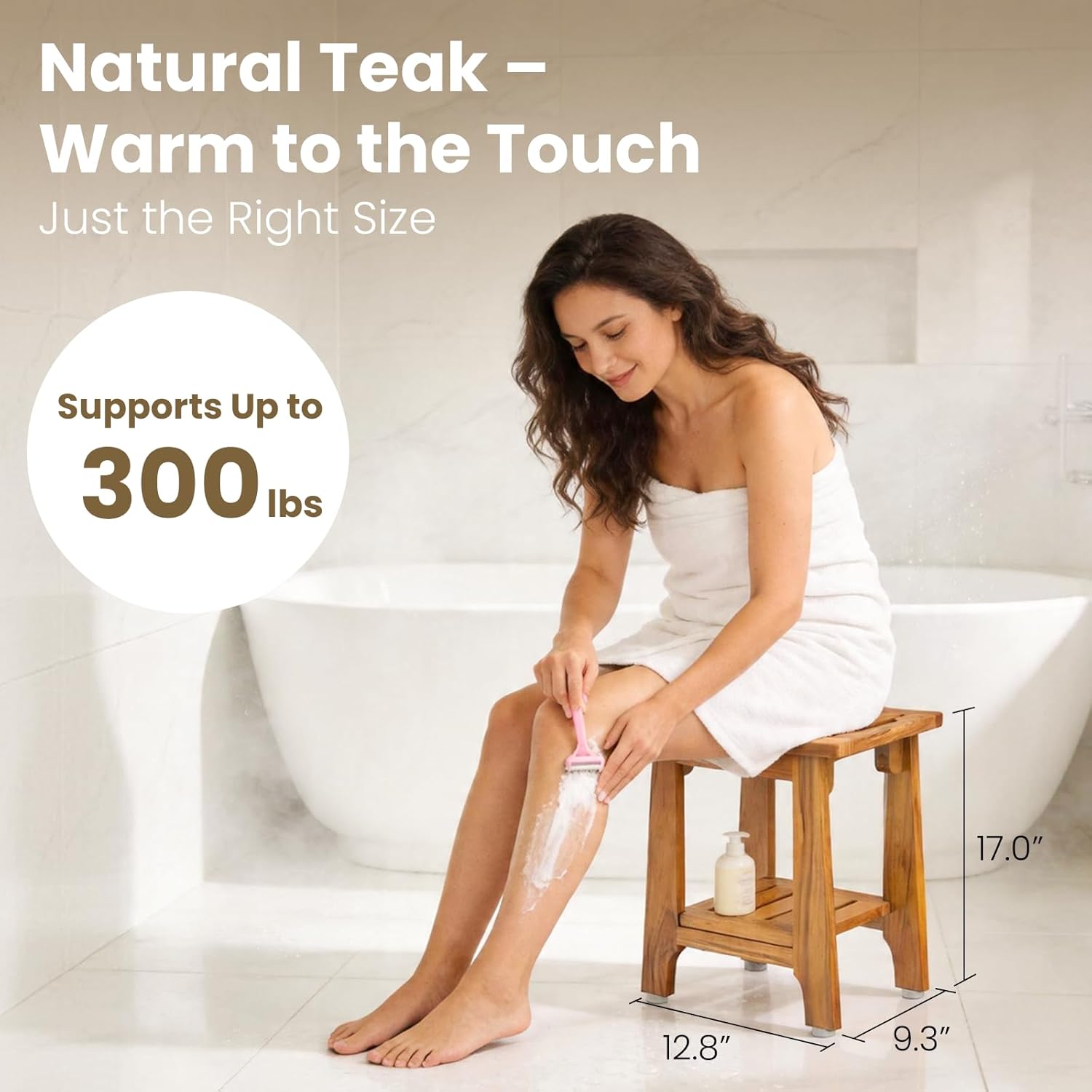 Thumbnail 4 de NNN 14" Compact Teak Shower Stool with Shelf & Handle (300 lbs)