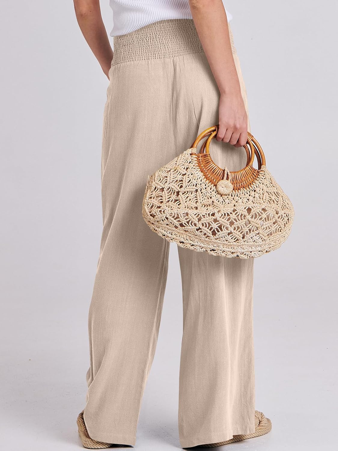 Thumbnail 4 de ANRABESS Women’s Linen Palazzo Pants with Shirred High Waist and Pockets