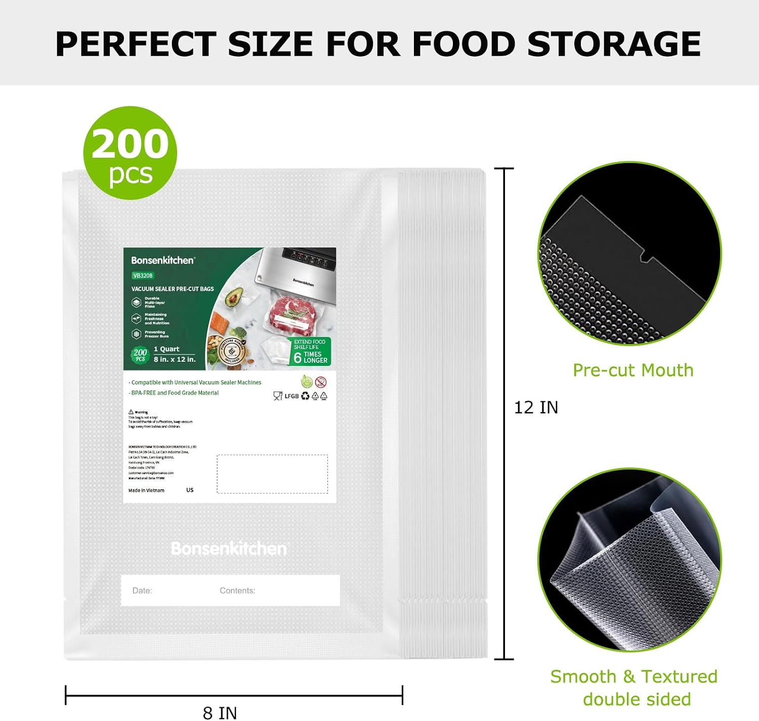 Detalle 2 de Bonsenkitchen VB3208 Vacuum Sealer Bags, 8" x 12", 200 Count, BPA-Free
