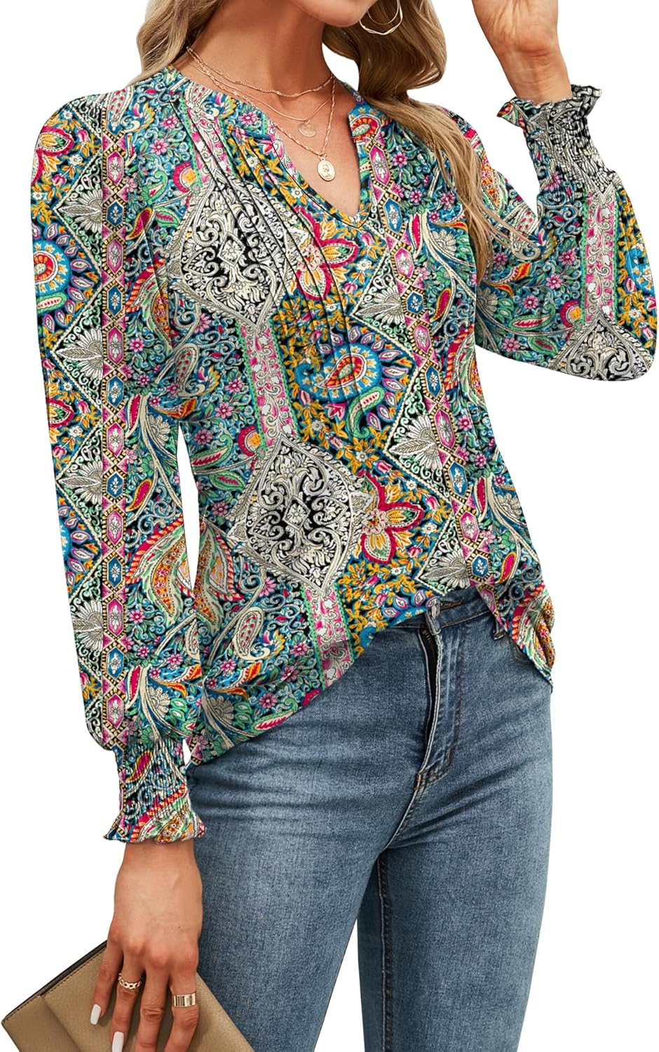 Thumbnail 5 de EFFAN Women's V-Neck Puff Sleeve Floral Tunic Blouse