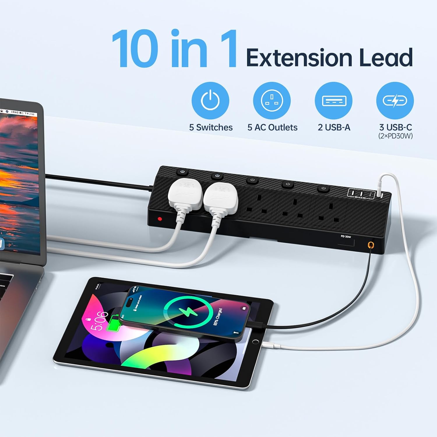 Thumbnail 3 de STGAROT 5-Way Socket Extension Lead with Retractable 80cm USB-C Cable and 2x PD 30W Fast Charging Ports (1.8m, Black)