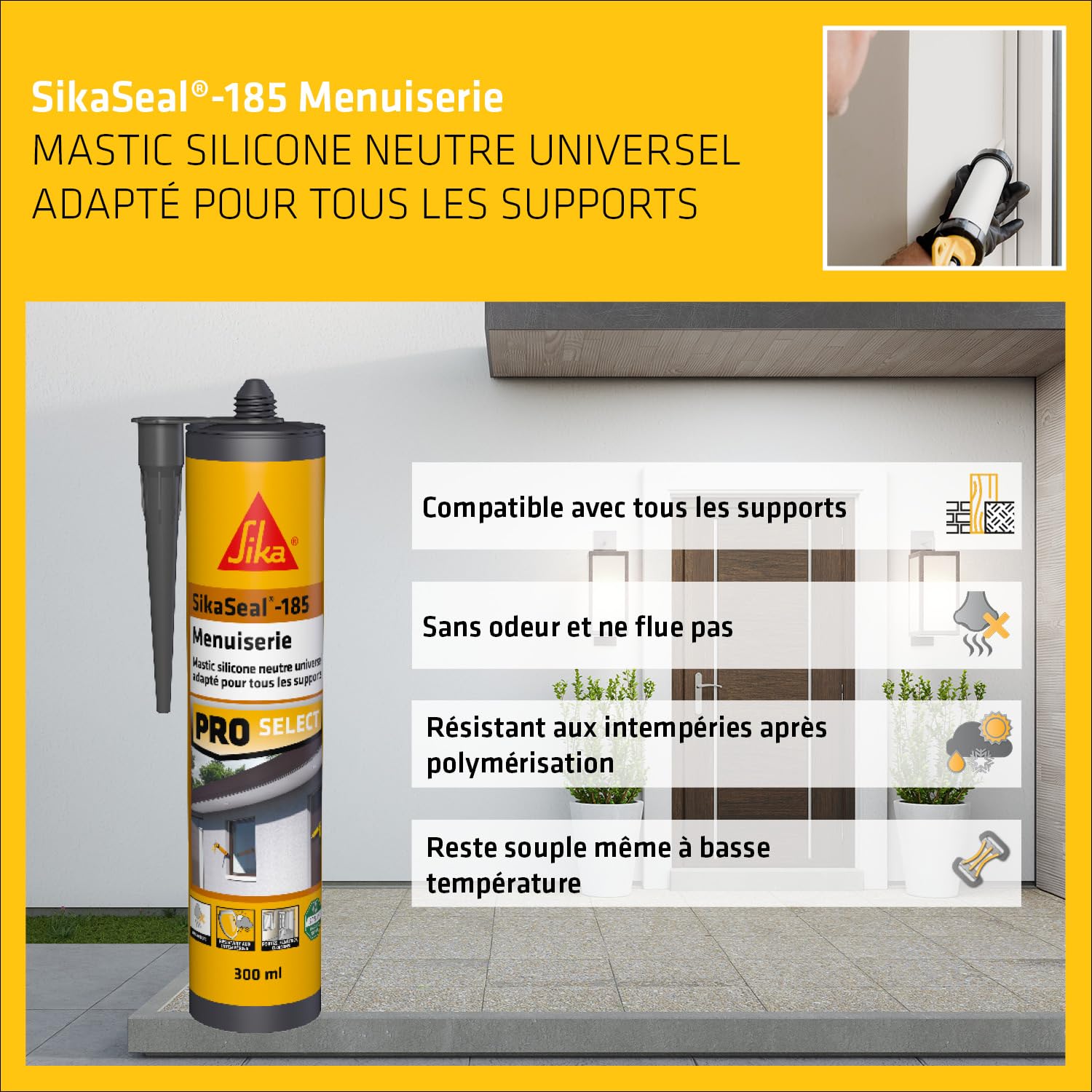 Detalle 2 de SikaSeal-185 : Mastic silicone universel – Menuiserie anthracite, Joint de construction, 300 ml