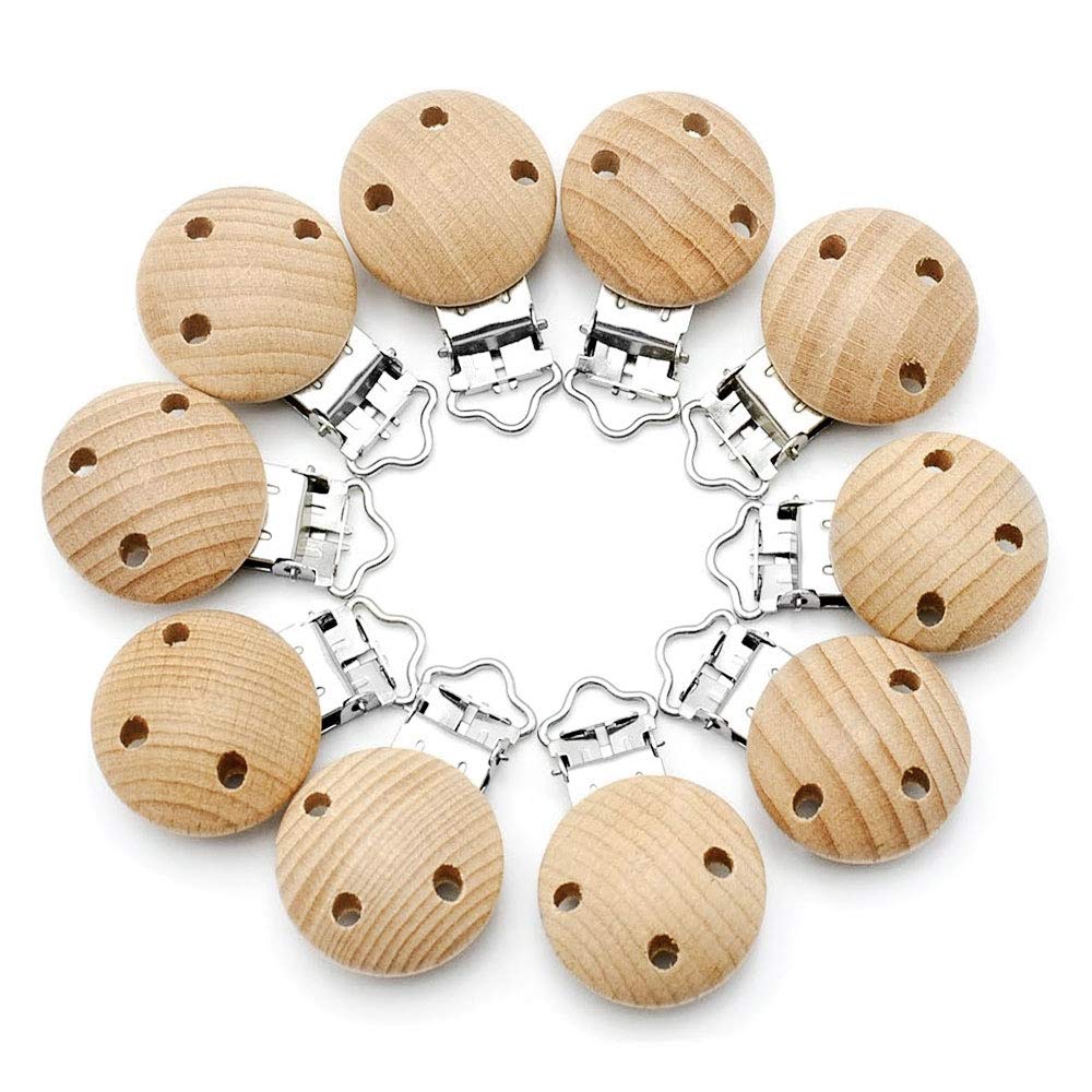 RUBY 10er Pack Schnullerclips aus Naturholz, schadstofffrei – mit Metallclip