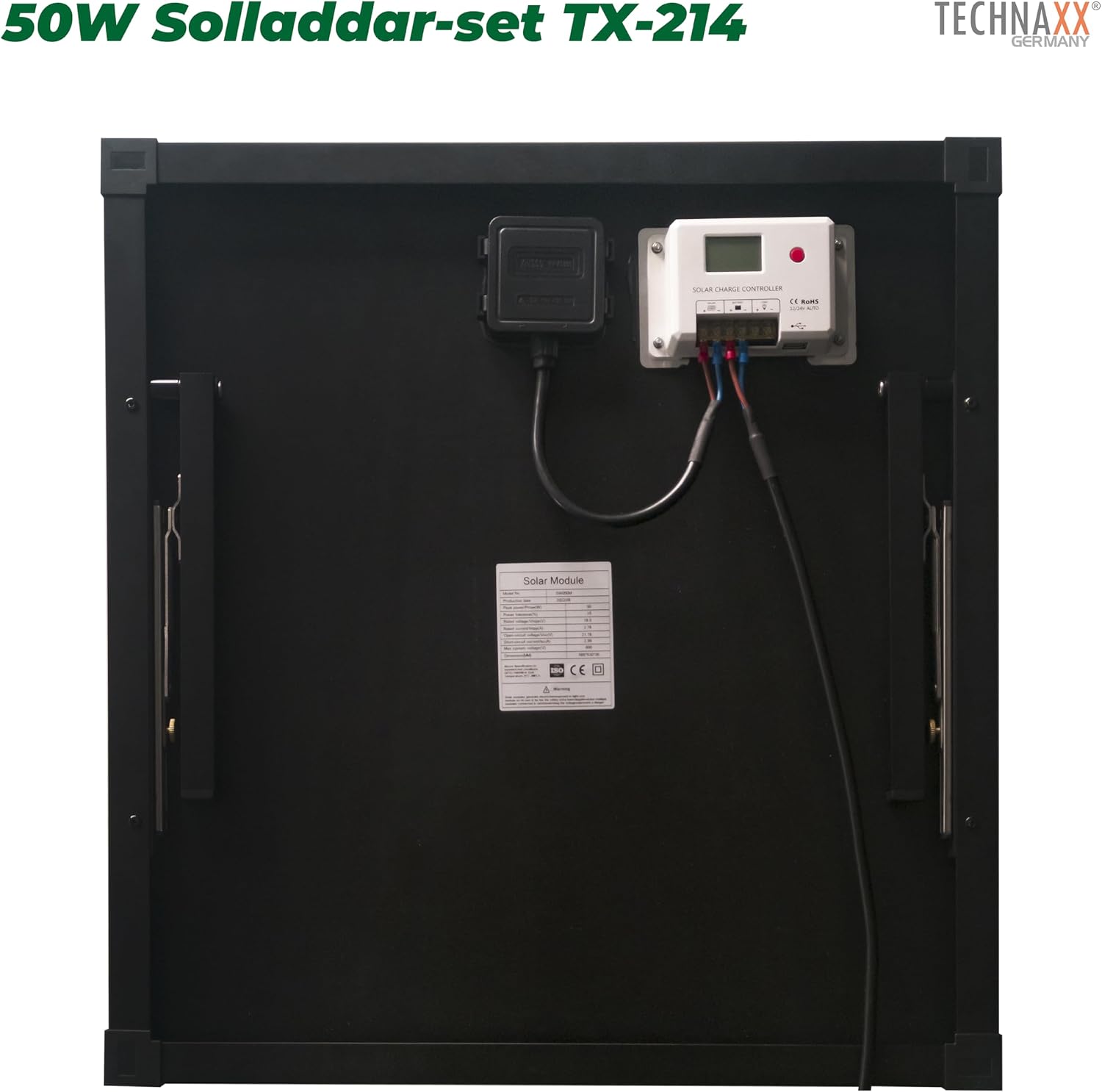 Detalle de Technaxx TX-214 portabel 50 W-solpanel med LCD-regulator och två USB-portar