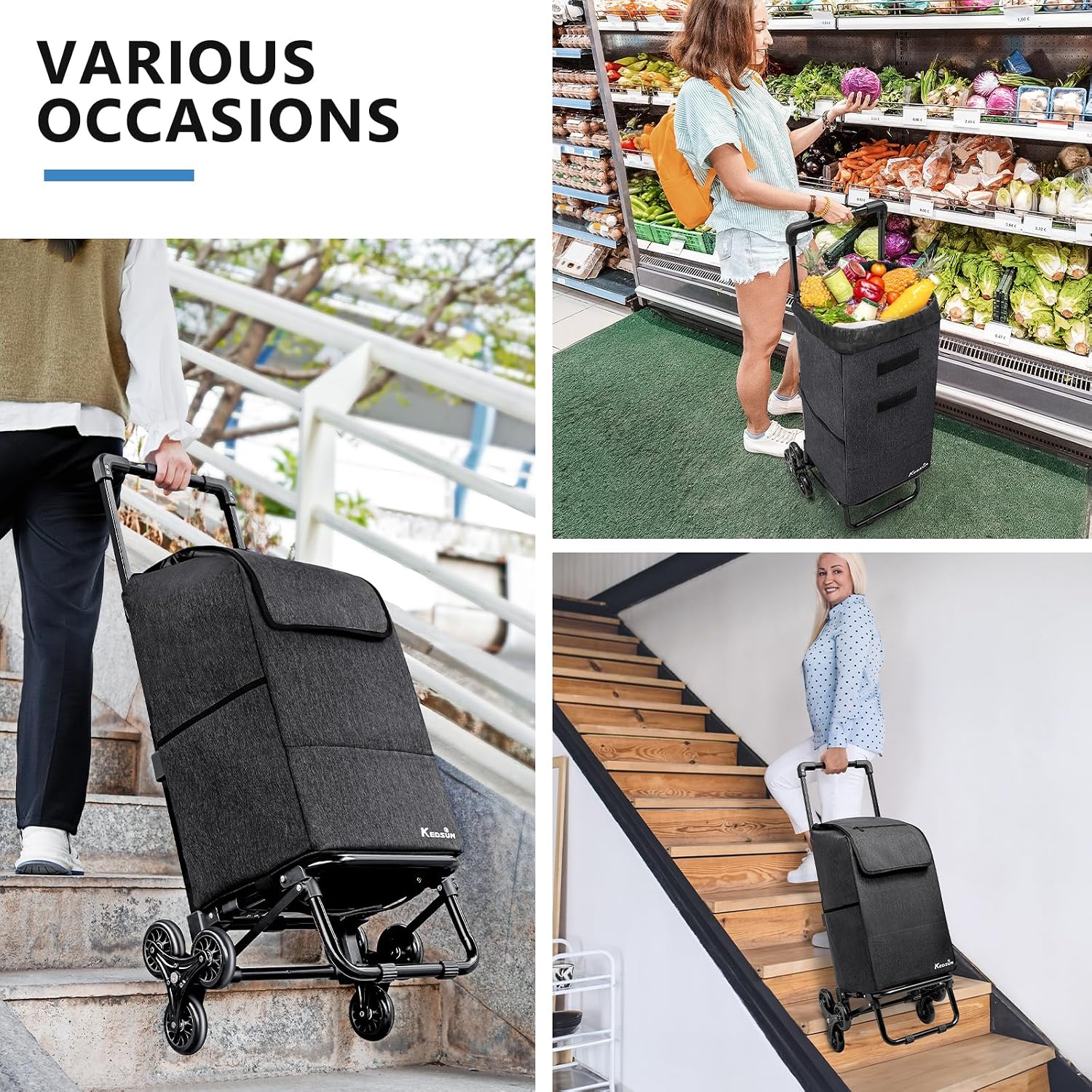 Detalle de KEDSUM DY24E054A 2-in-1 Stair-Climbing Grocery Cart, 60L, 300 lb