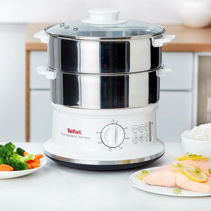 Detalle de Tefal VC1451 stoomkoker, 6 l, 2 roestvrijstalen schalen, 900 W